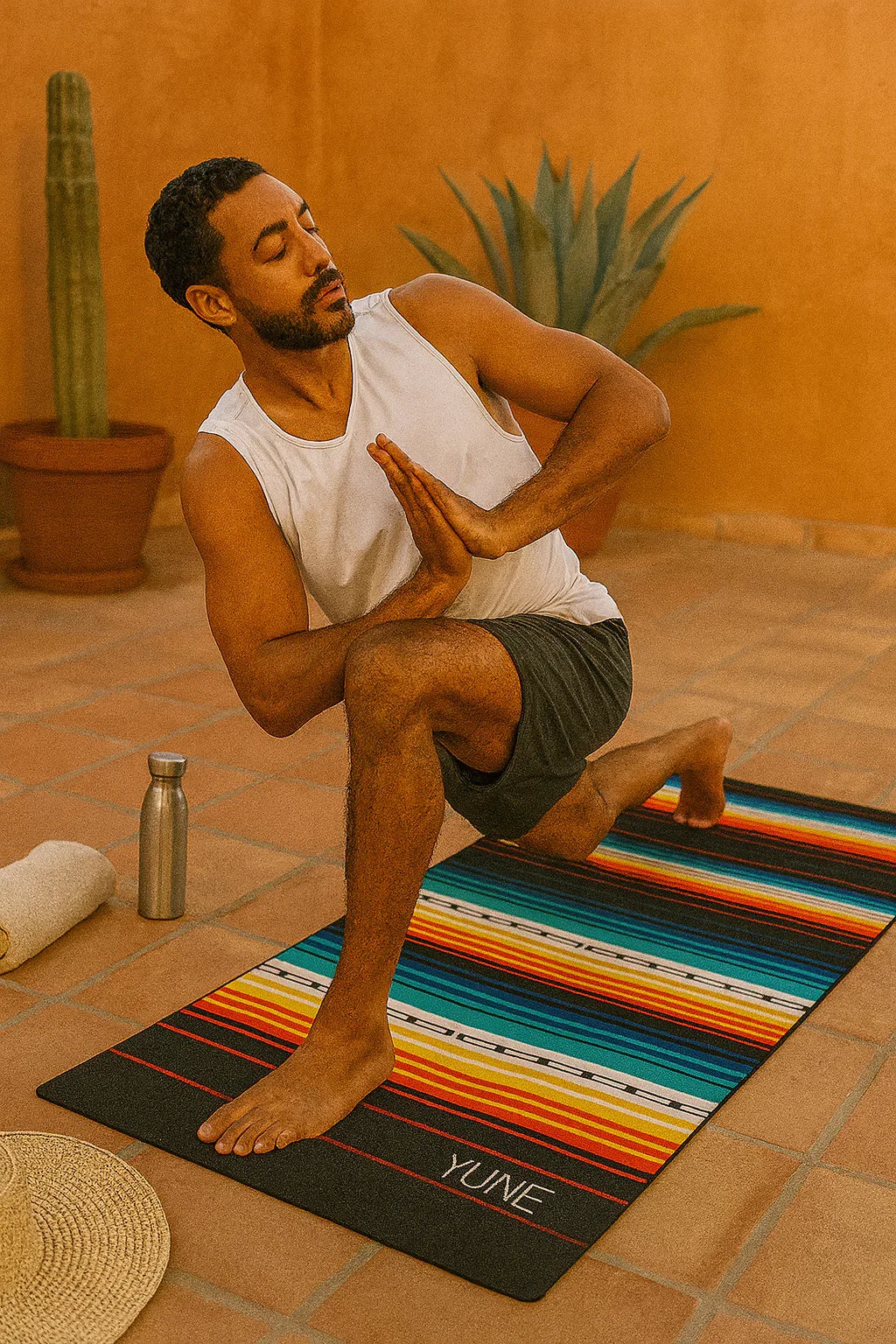 Man practicing yoga on a colorful mat with plants and a bottle in the background