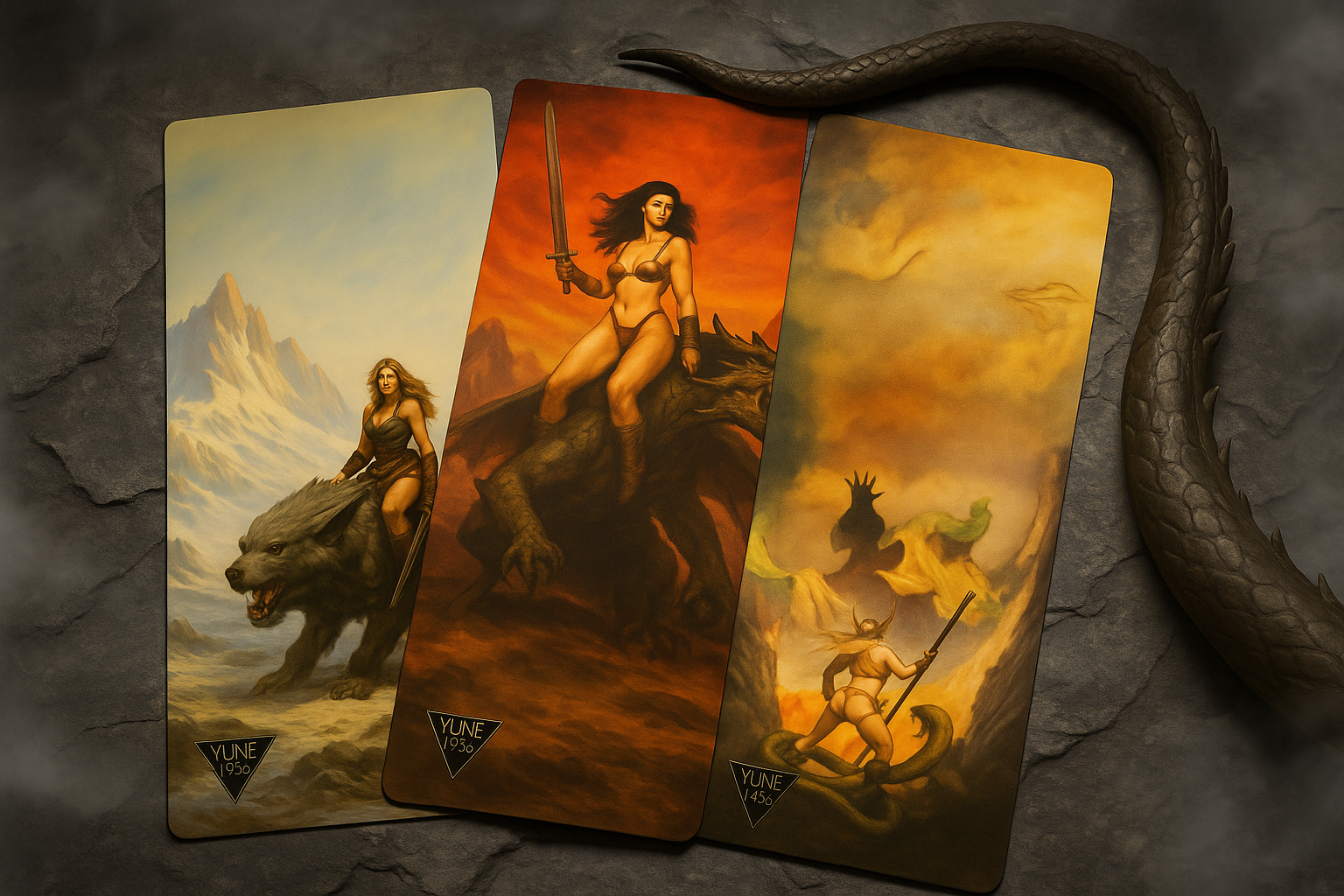 Three tarot cards with fantasy-themed illustrations on a textured surface.