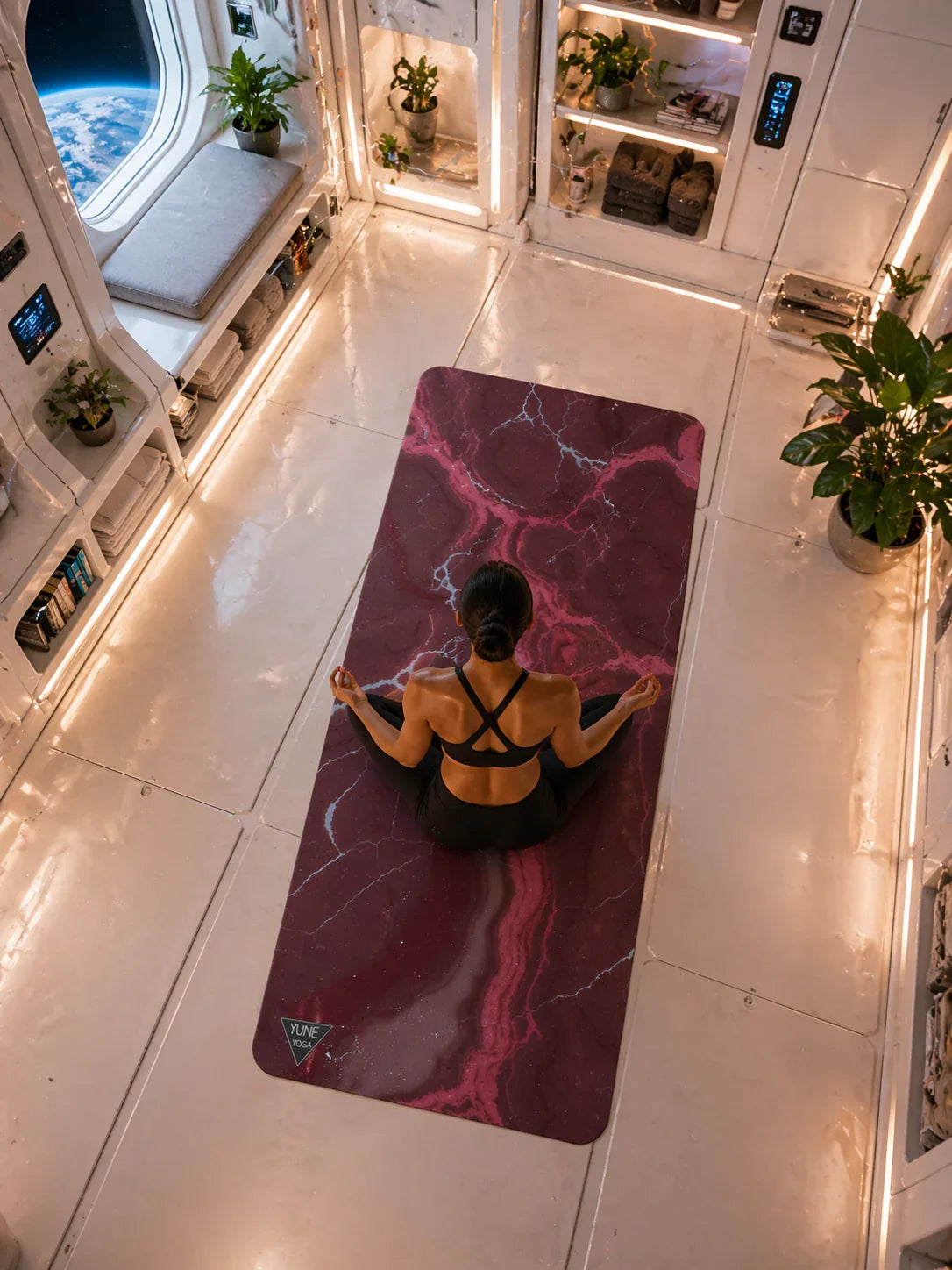 Woman meditating on marble yoga mat in futuristic room with Earth view, surrounded by plants.