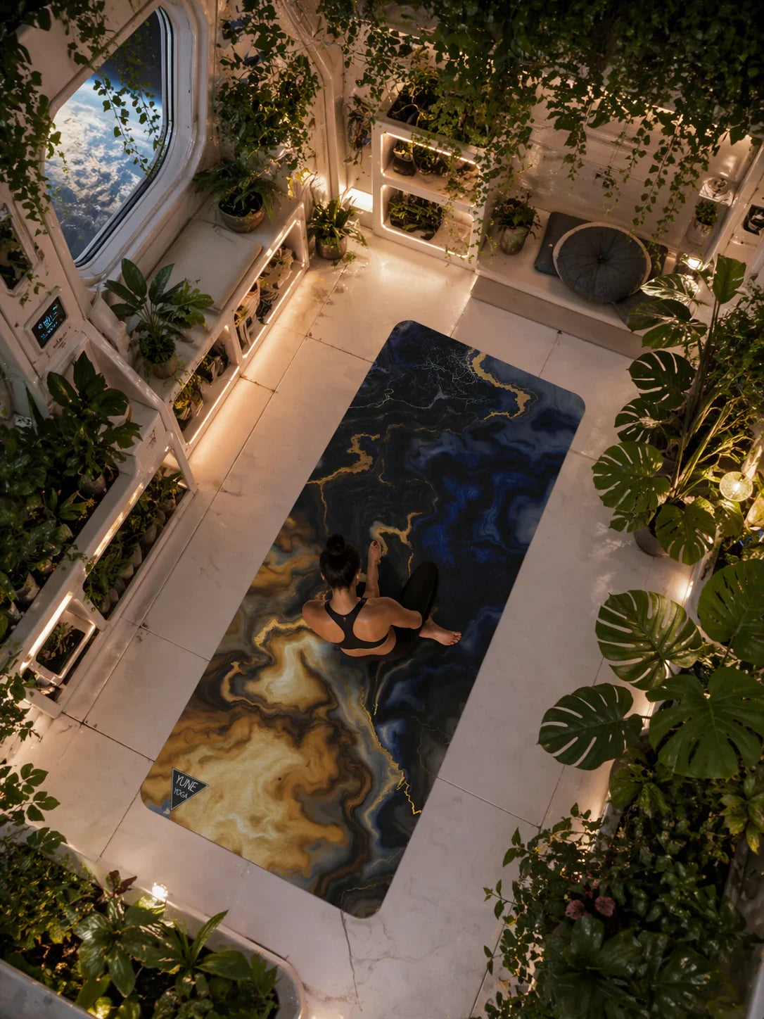 Woman practicing yoga on a marble-pattern mat in a futuristic, plant-filled wellness studio.