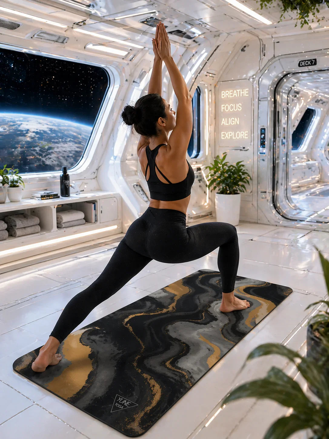Woman practicing yoga on a stylish mat in a futuristic space station with Earth view