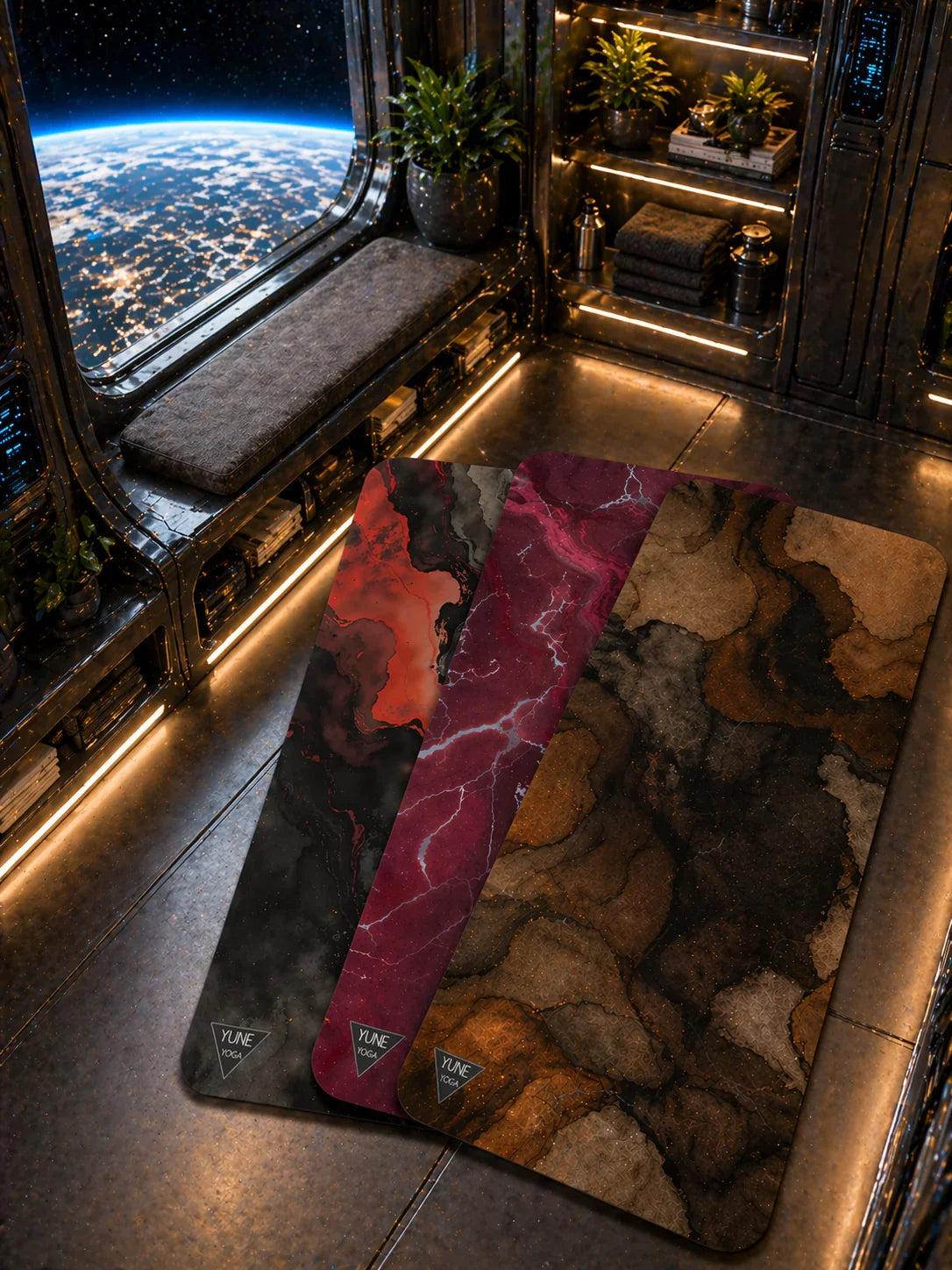Futuristic space room with three artistic yoga mats and Earth visible through window