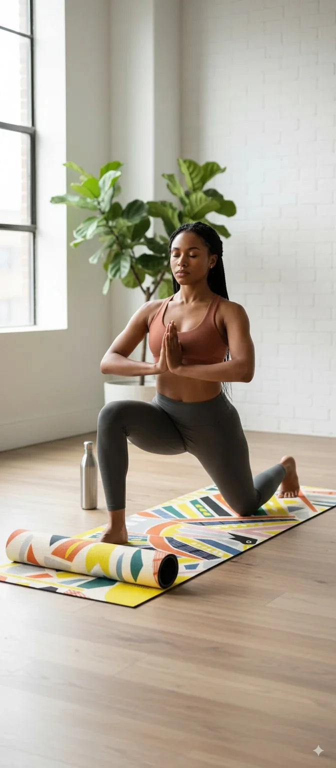 Woman practicing yoga on a colorful mat in a bright room with plants.