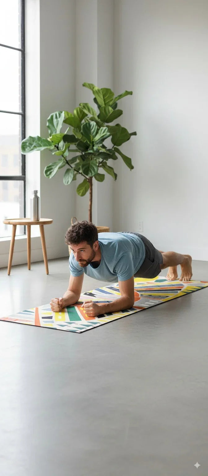Man doing push-ups on a colorful mat in a room with a plant and window.