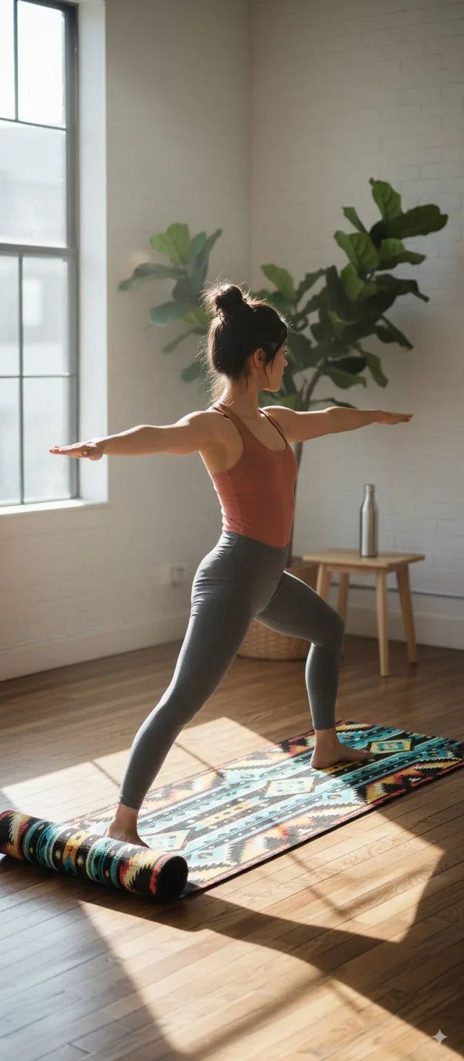 Woman practicing yoga in a bright room with large windows and plants.