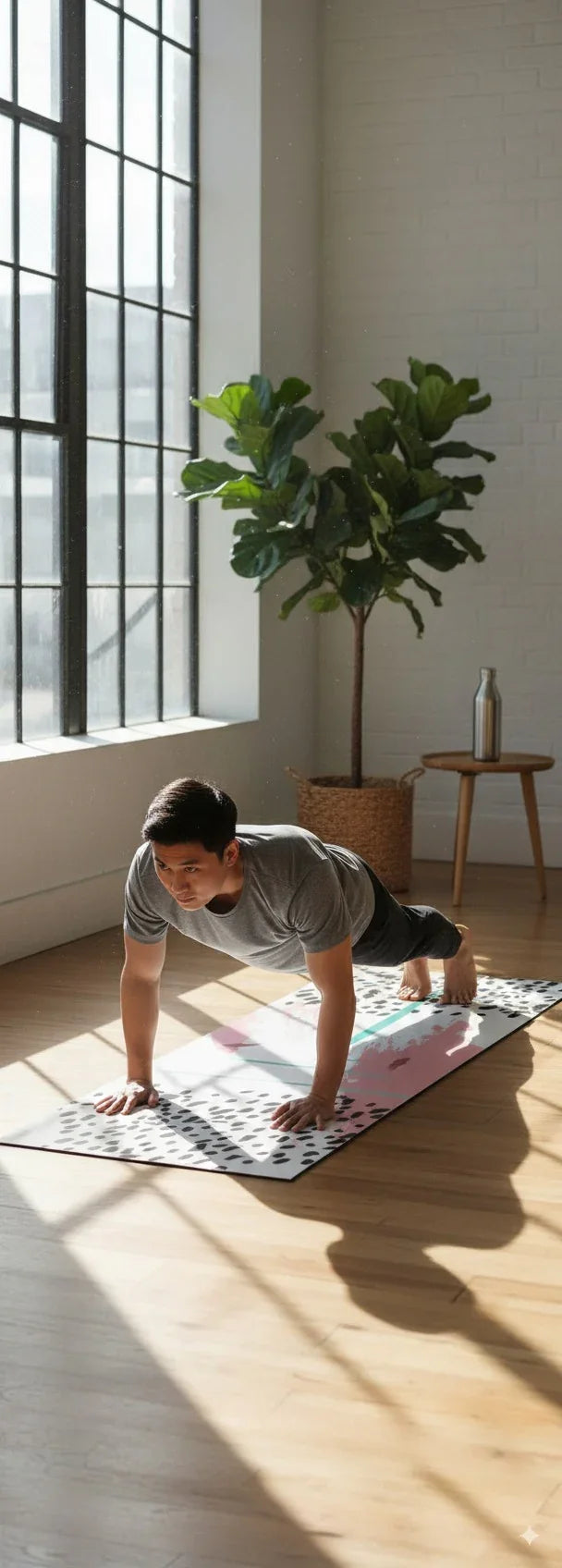 Person doing a yoga pose on a mat in a bright room with large windows and a plant.