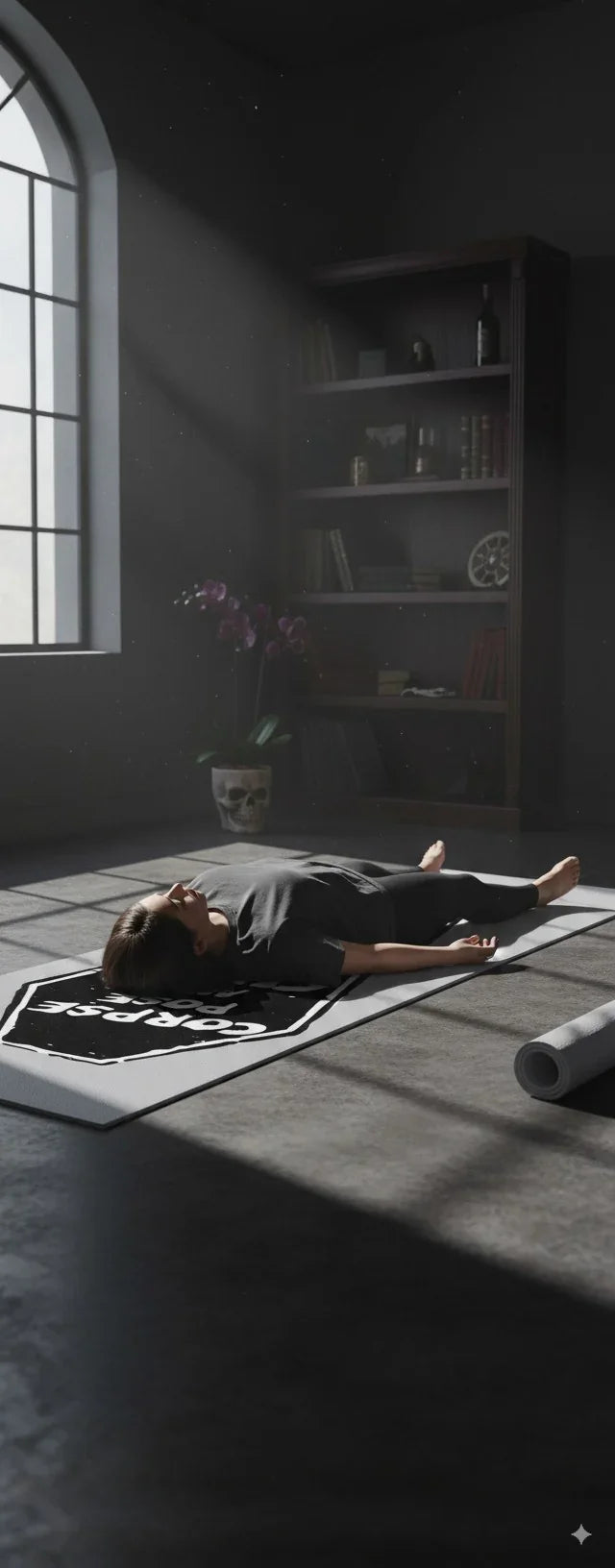 Person lying on a mat in a dimly lit room with a bookshelf and window.