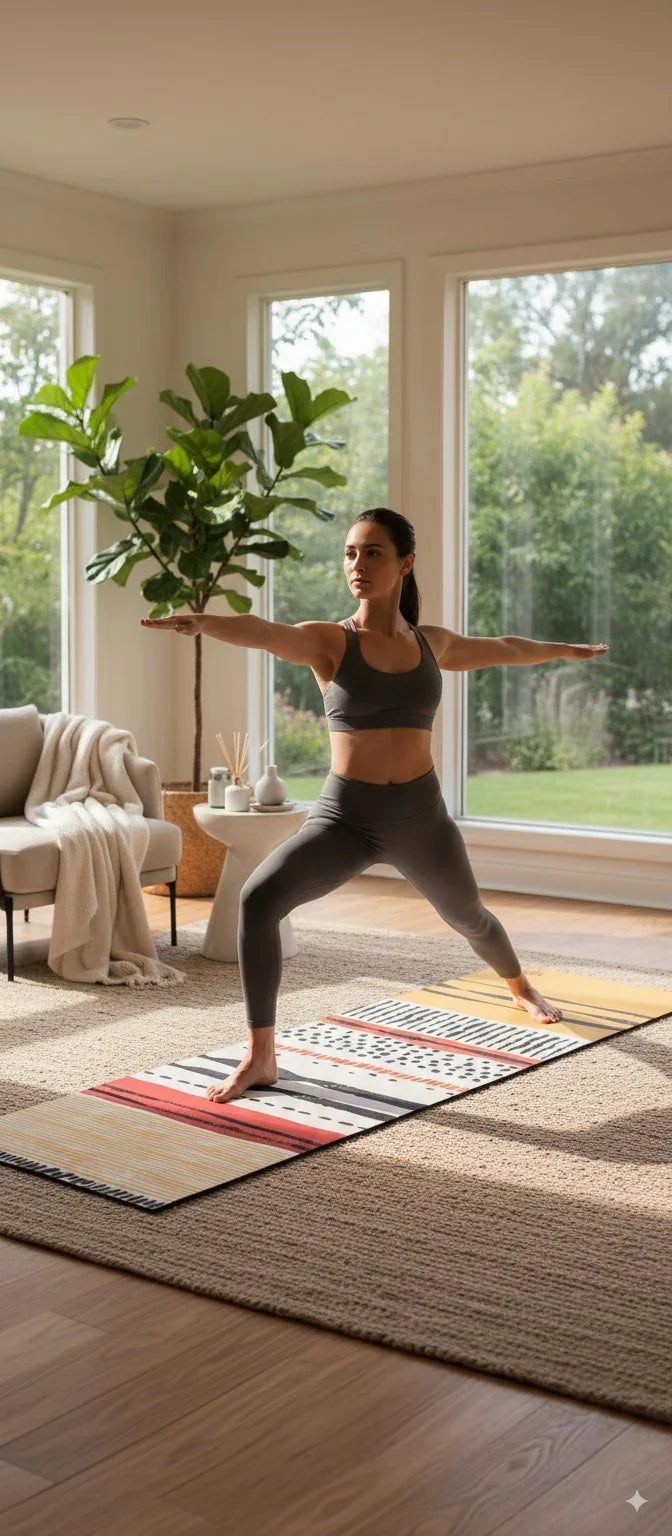 Woman practicing yoga in a bright living room with large windows.