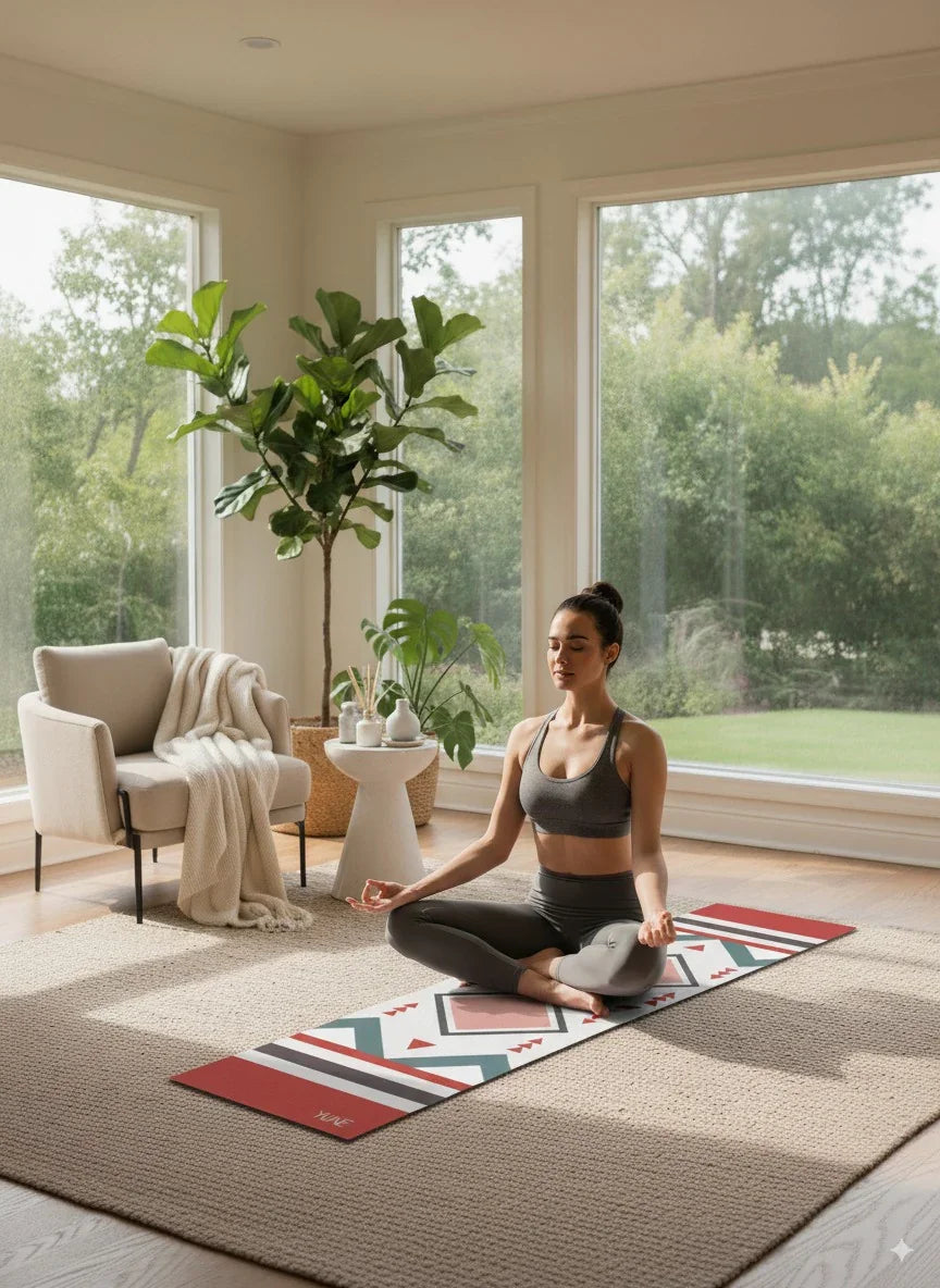 Woman meditating on a colorful mat in a bright room with large windows and plants.