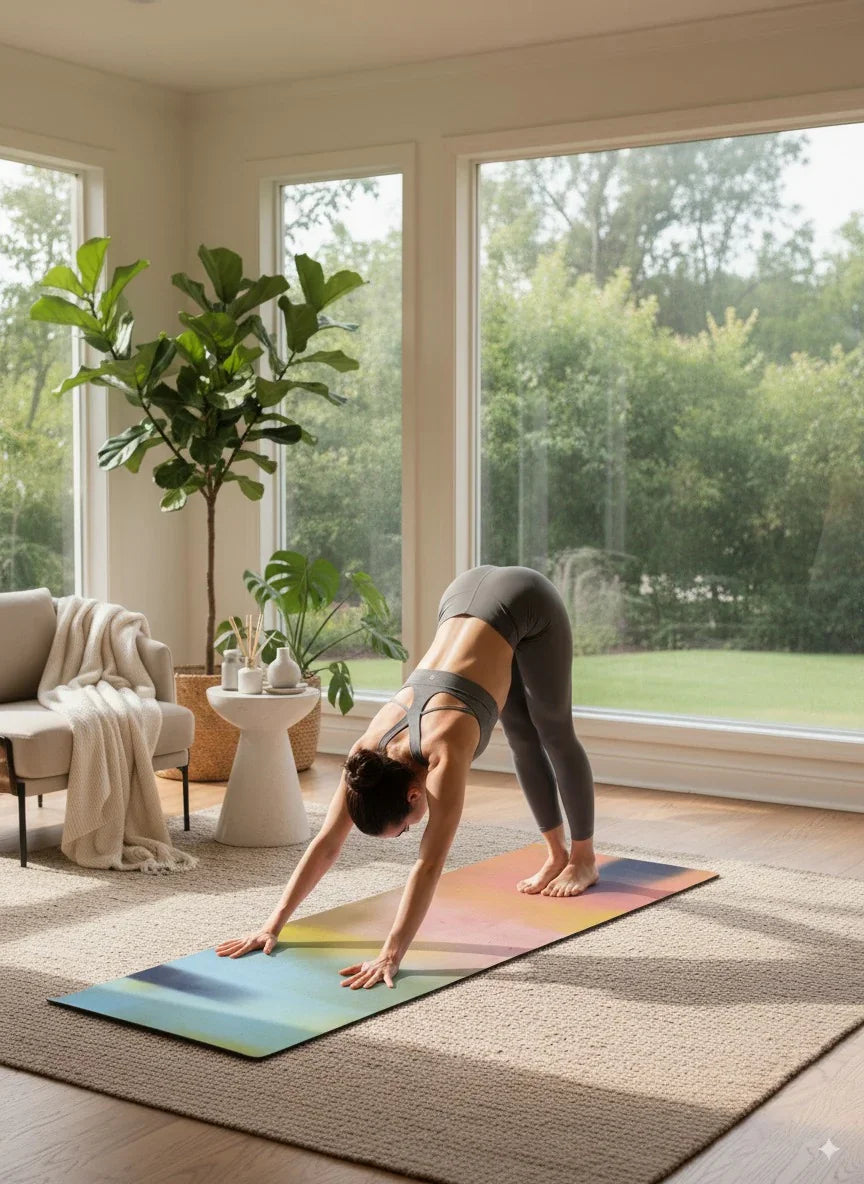 Person practicing yoga on a colorful mat in a bright living room with large windows.