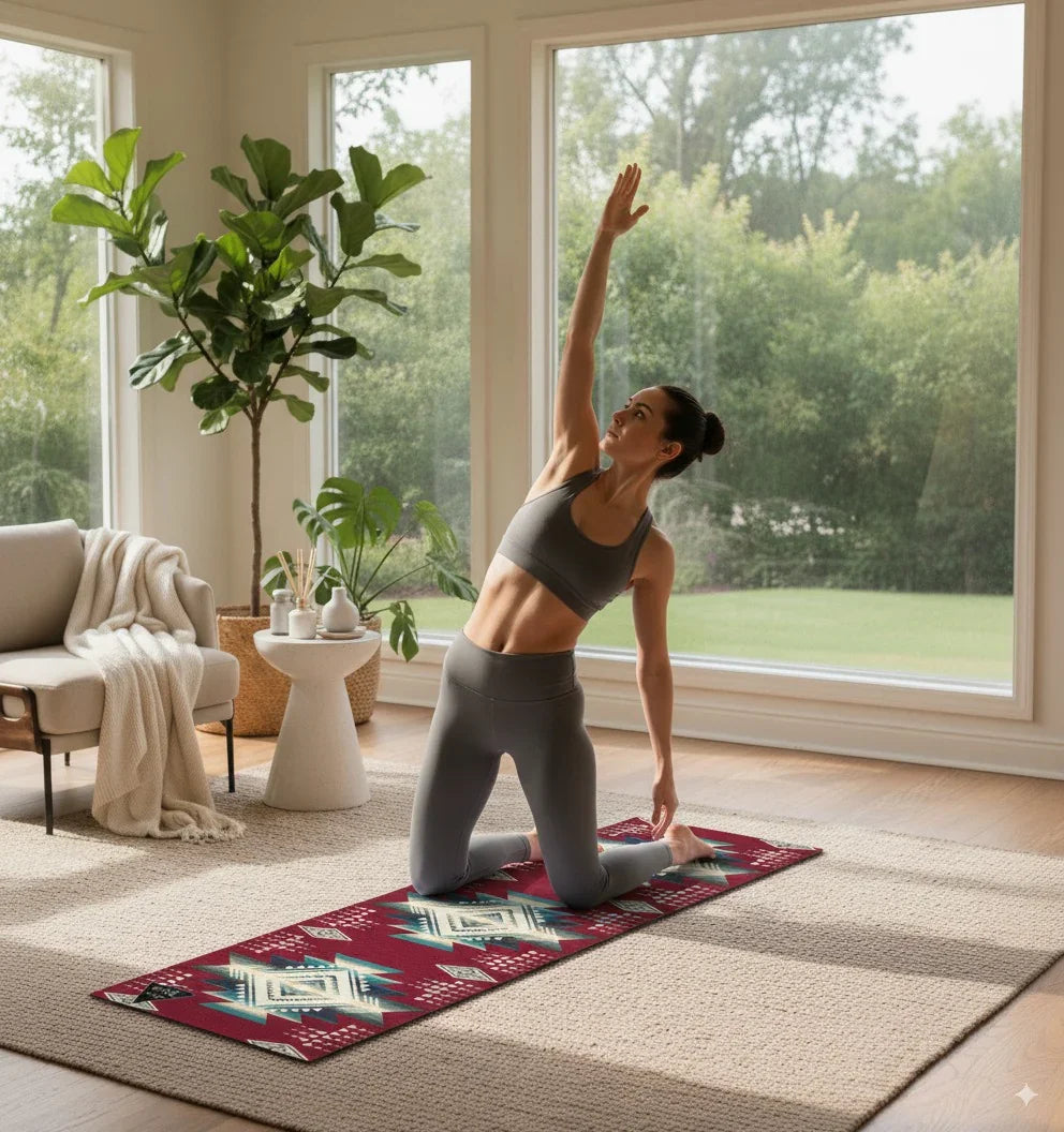 Woman practicing yoga in a bright living room with large windows.