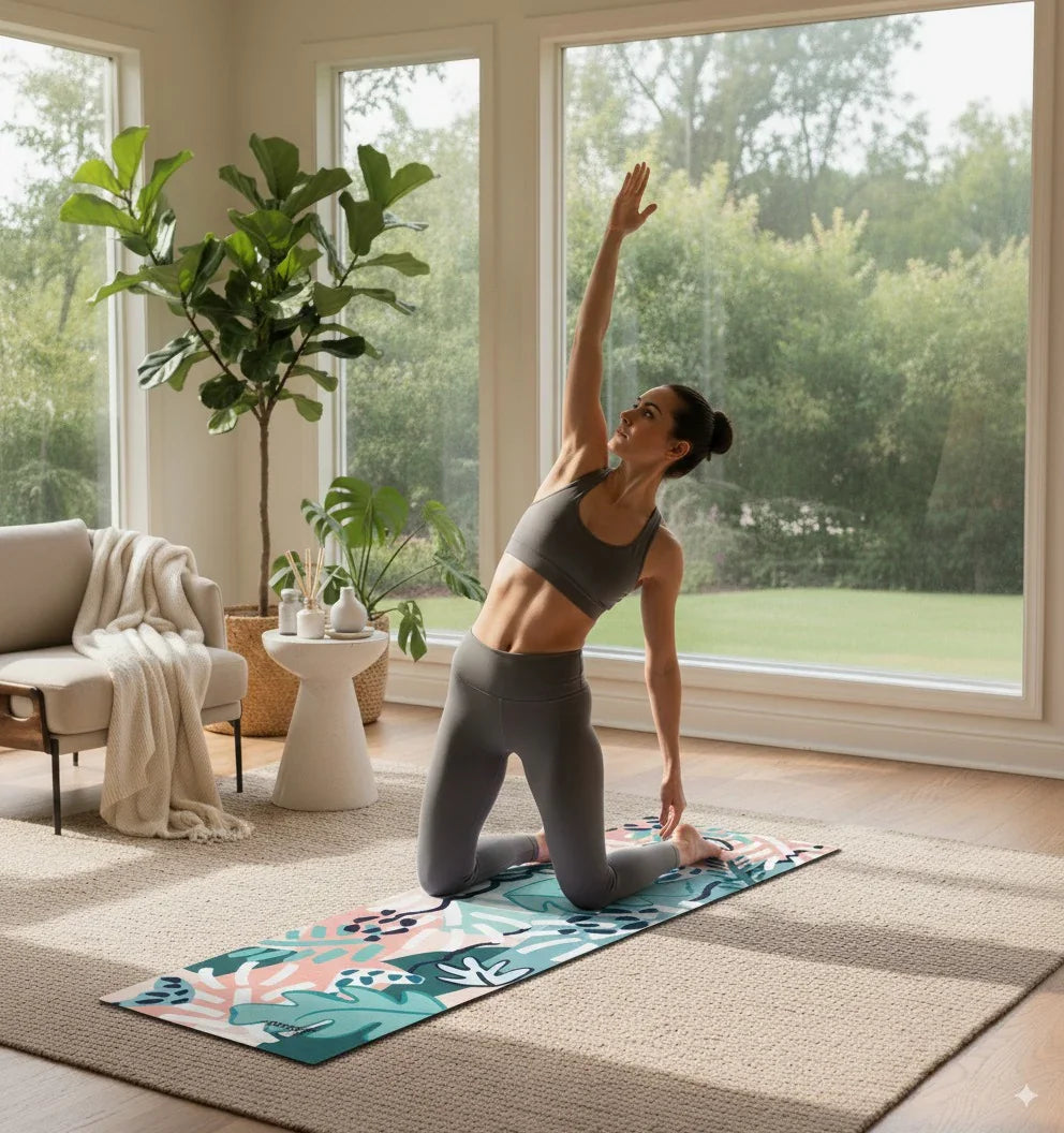 Woman practicing yoga on a colorful mat in a bright living room with large windows.