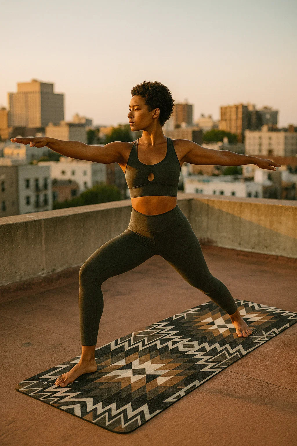 Woman practicing yoga on a rooftop with cityscape in the background