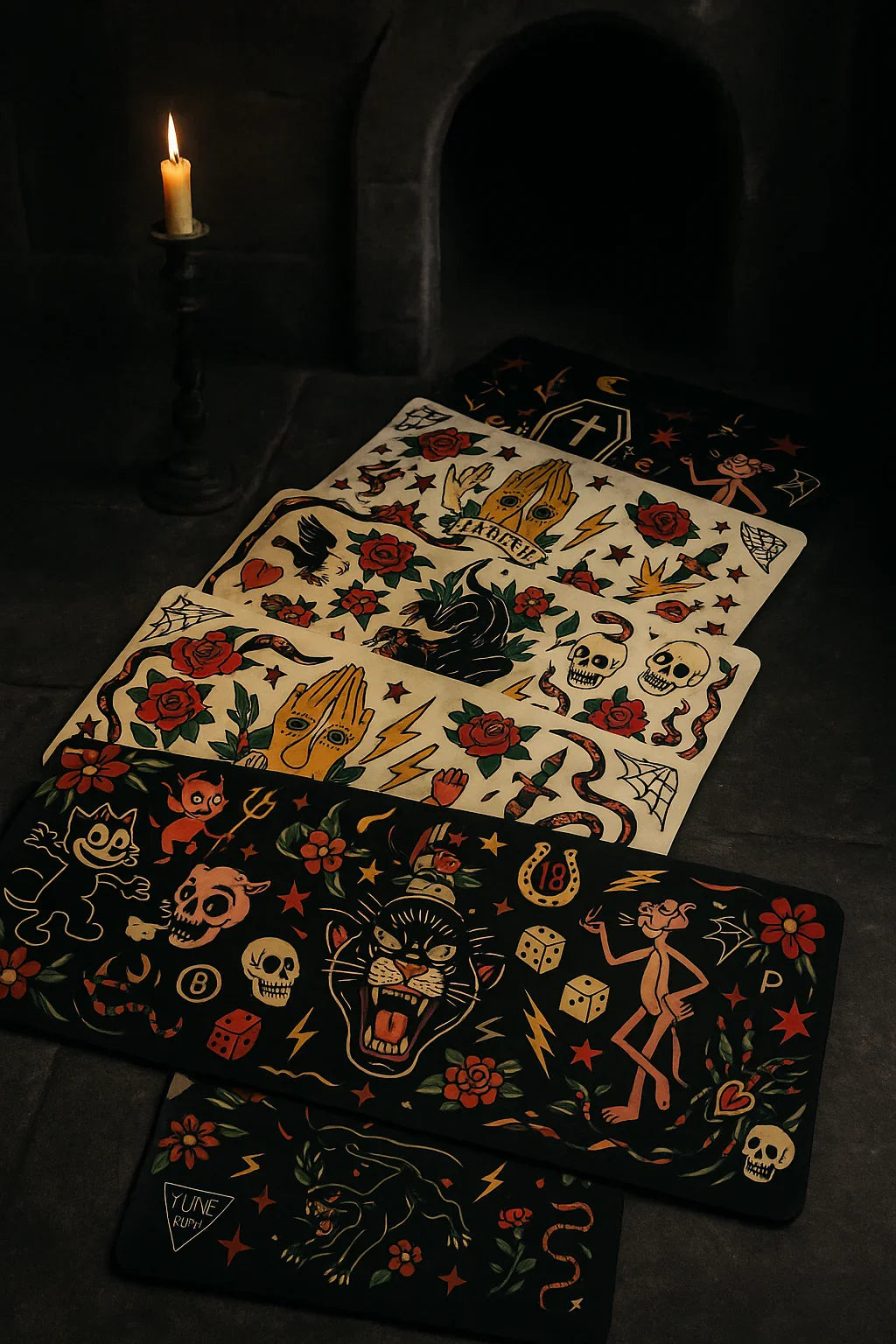 Set of tattoo-style coasters with various designs on a dark surface.