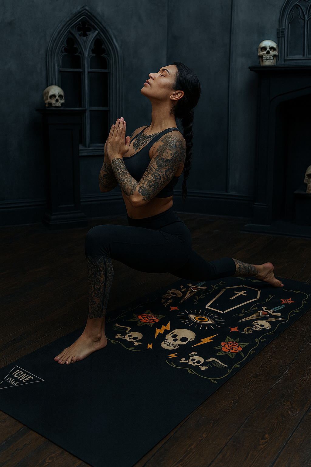 Person meditating on a mat with skull designs in a dark room.