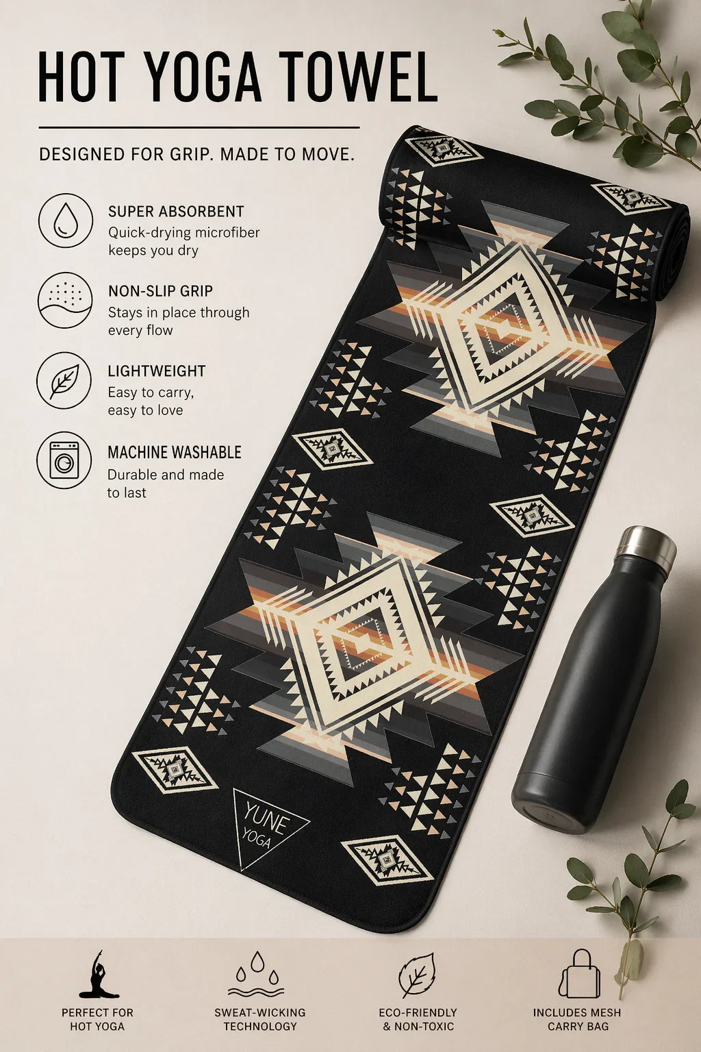 Hot yoga towel with Southwestern pattern, water bottle, and plant on neutral background.