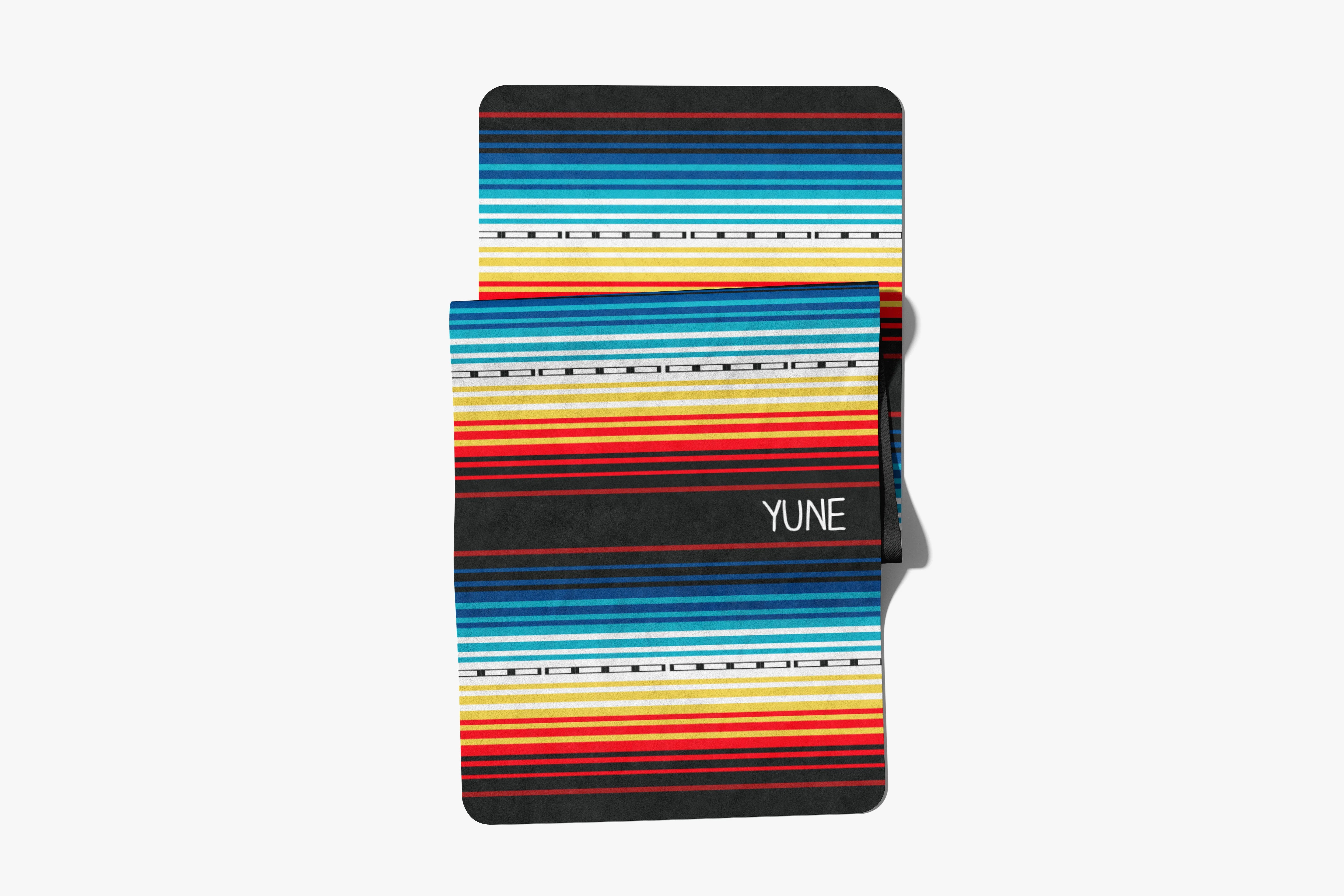 Colorful striped wallet with 'YUNE' branding on a white background
