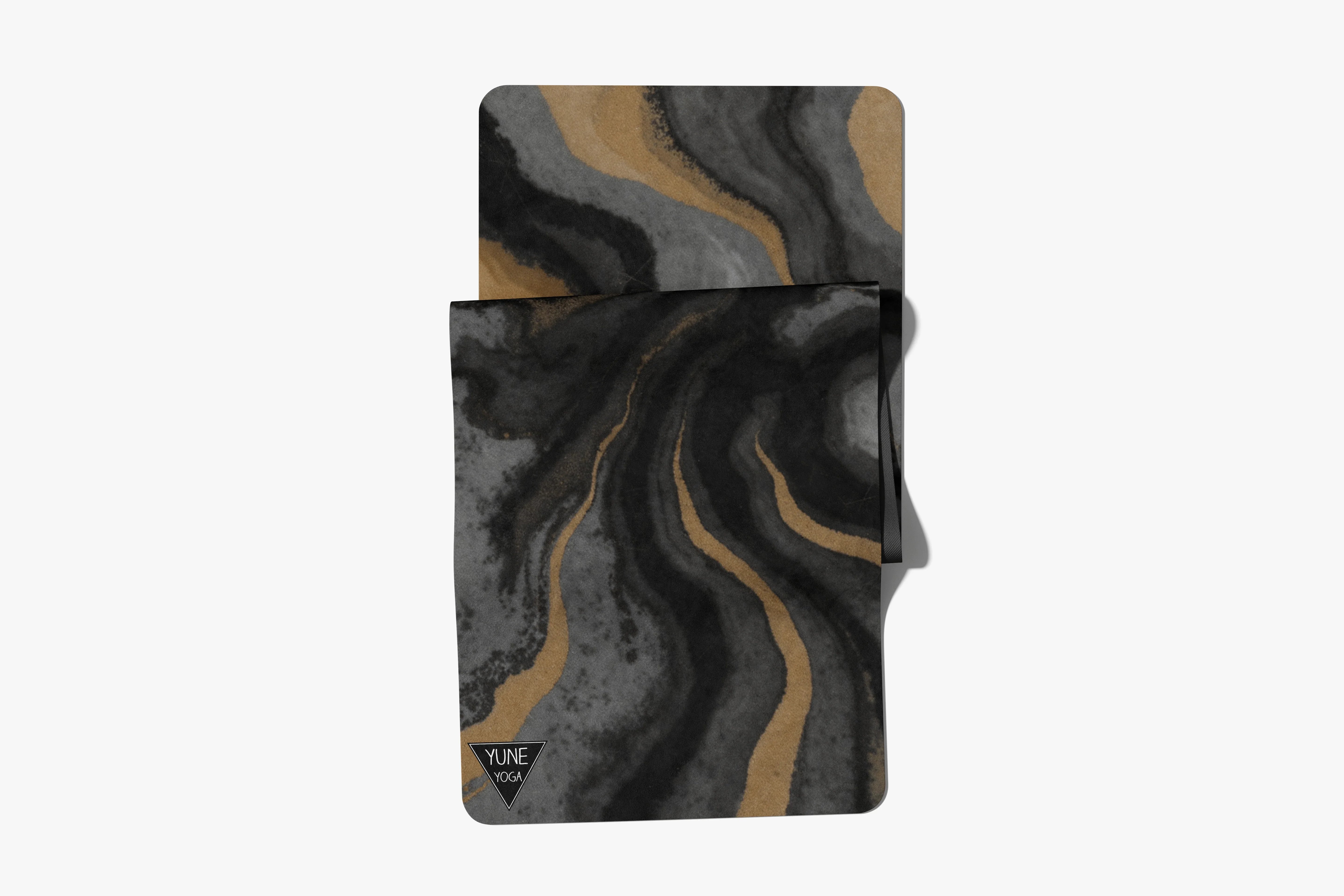 Black and gold marble pattern yoga mat and towel set with rounded corners