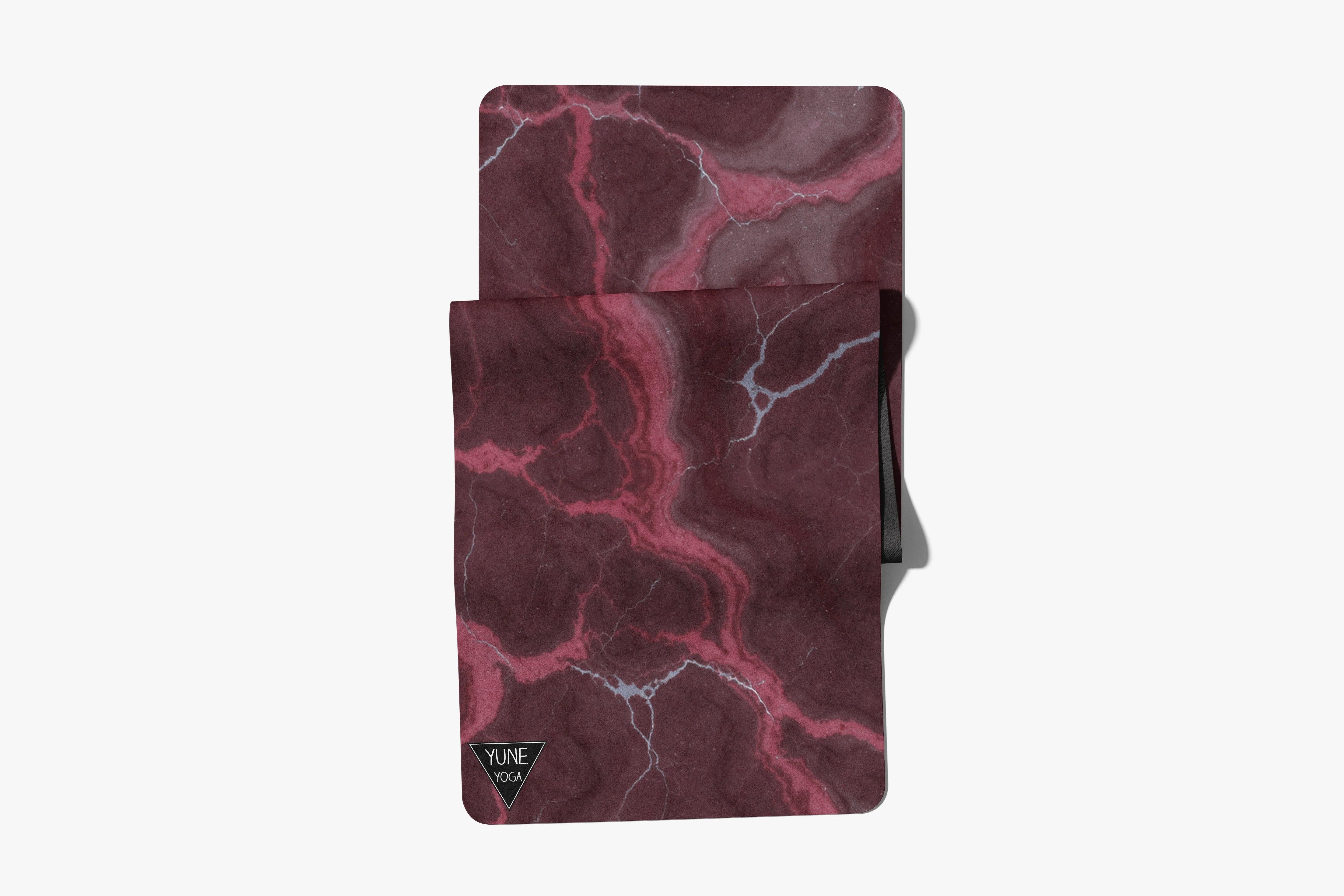 Burgundy marble print yoga mat and matching towel set with Yune Yoga logo