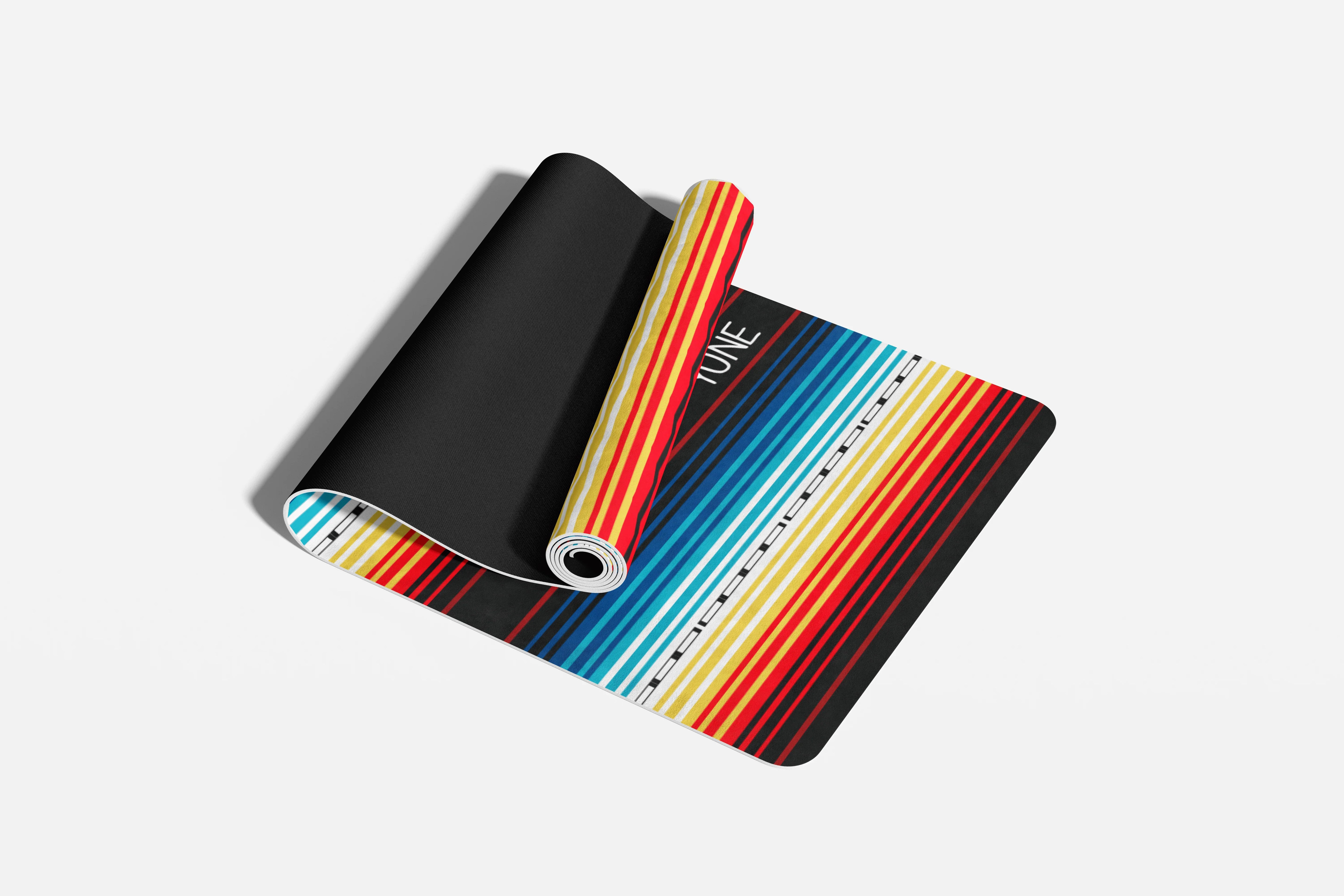 Colorful mouse pad with striped design on a white background