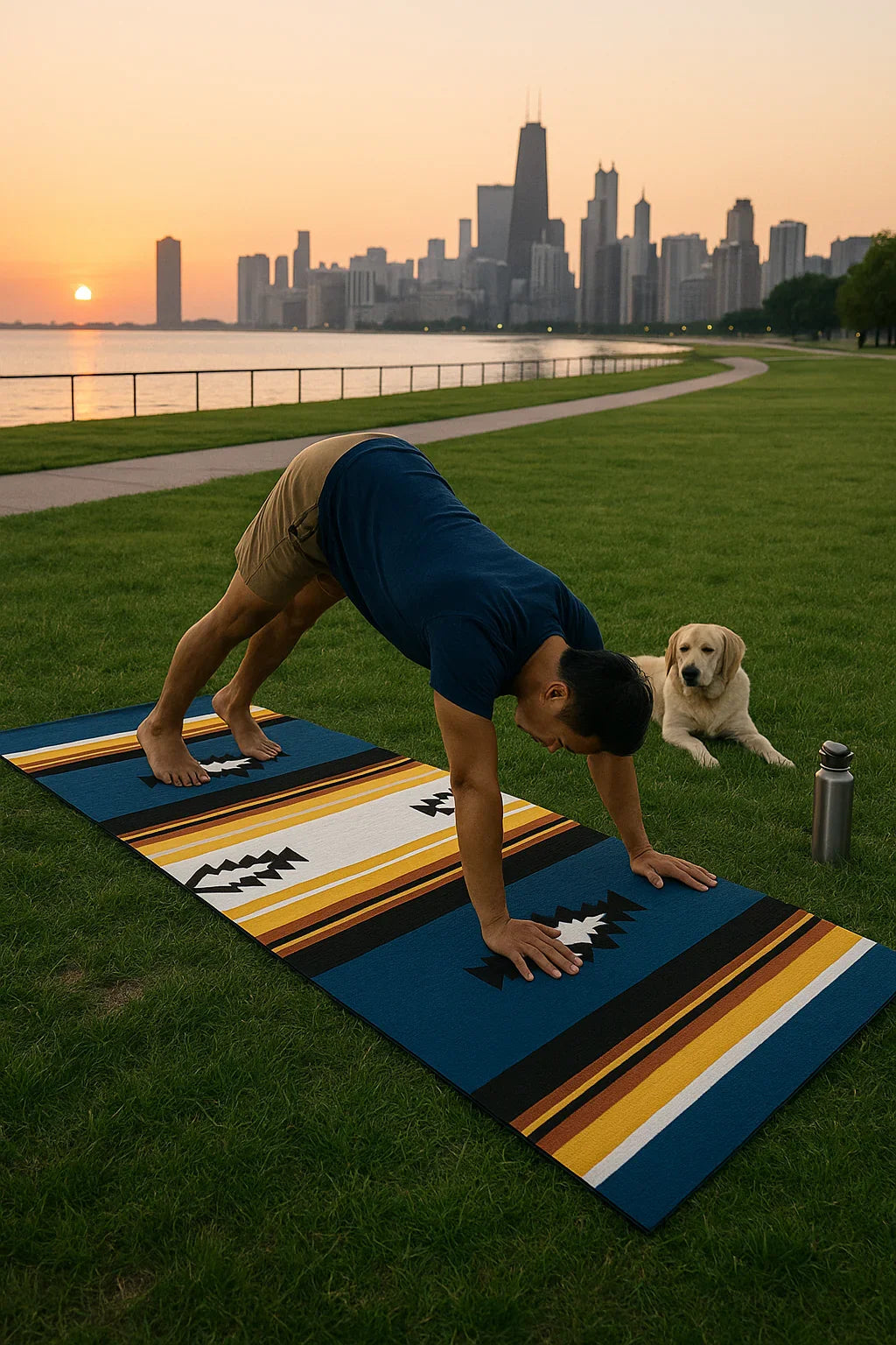 Person doing yoga on a striped mat with a dog and city skyline in the background