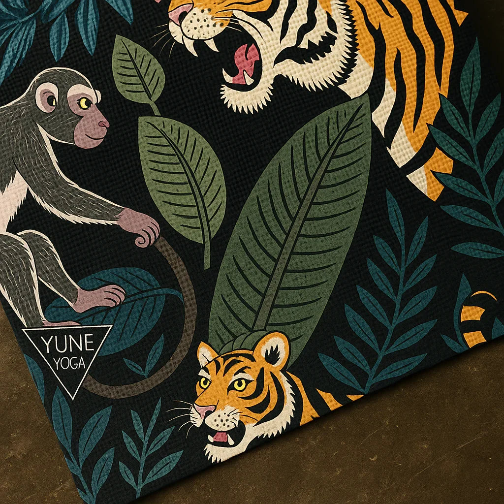 Yoga mat with tiger and monkey design and YUNE Yoga branding