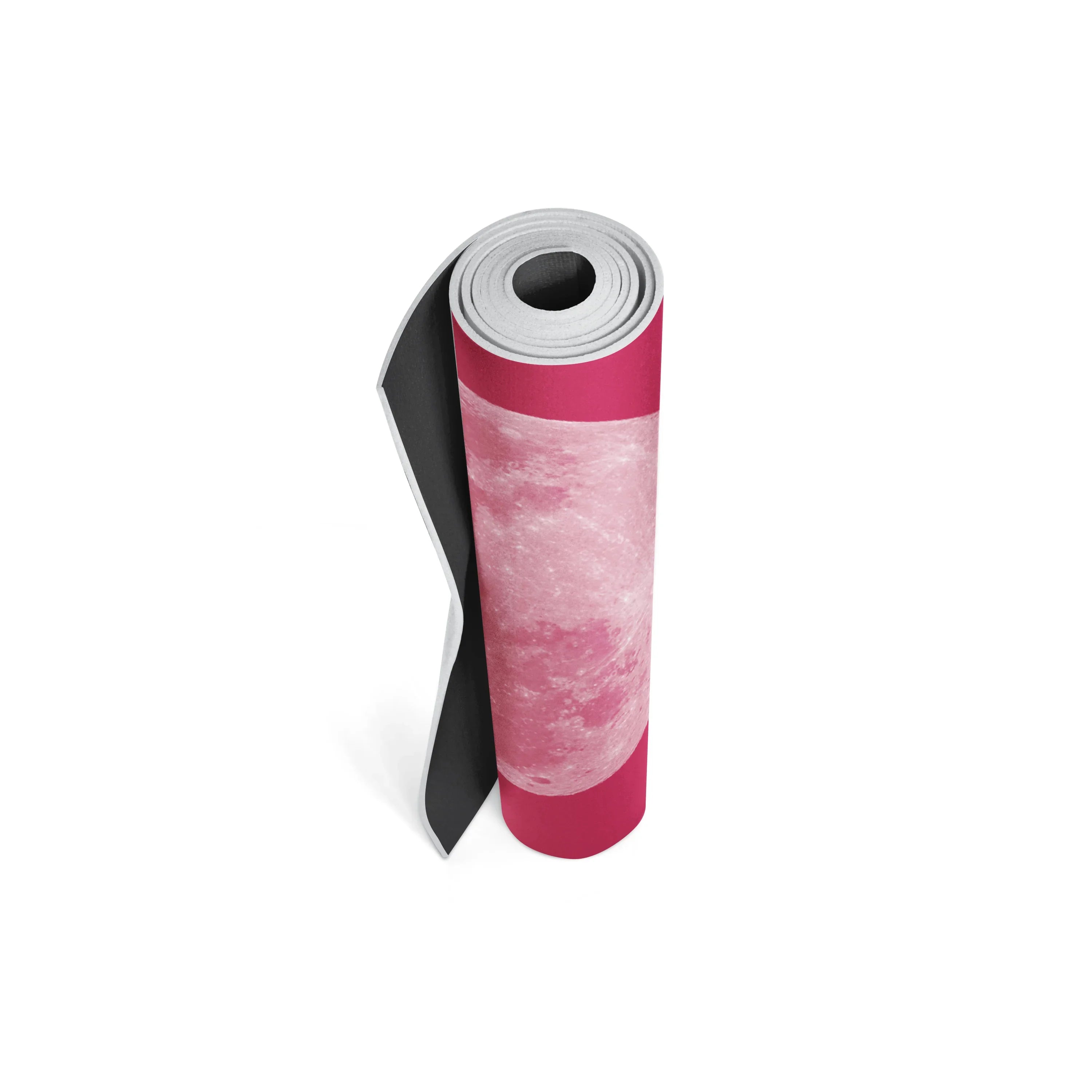 Pink and black yoga mat on a white background