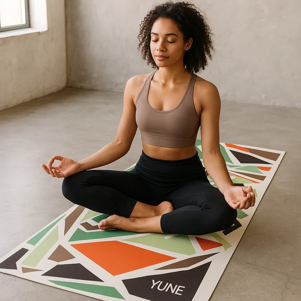 Woman meditating on a colorful yoga mat with 'YUNE' branding in a minimalistic room.