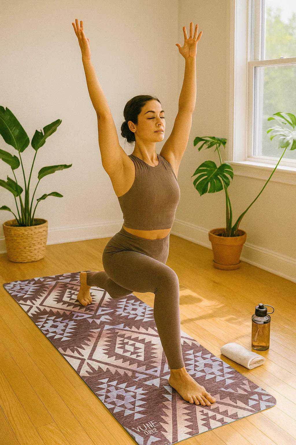 Woman practicing yoga in a home setting with plants and a window.
