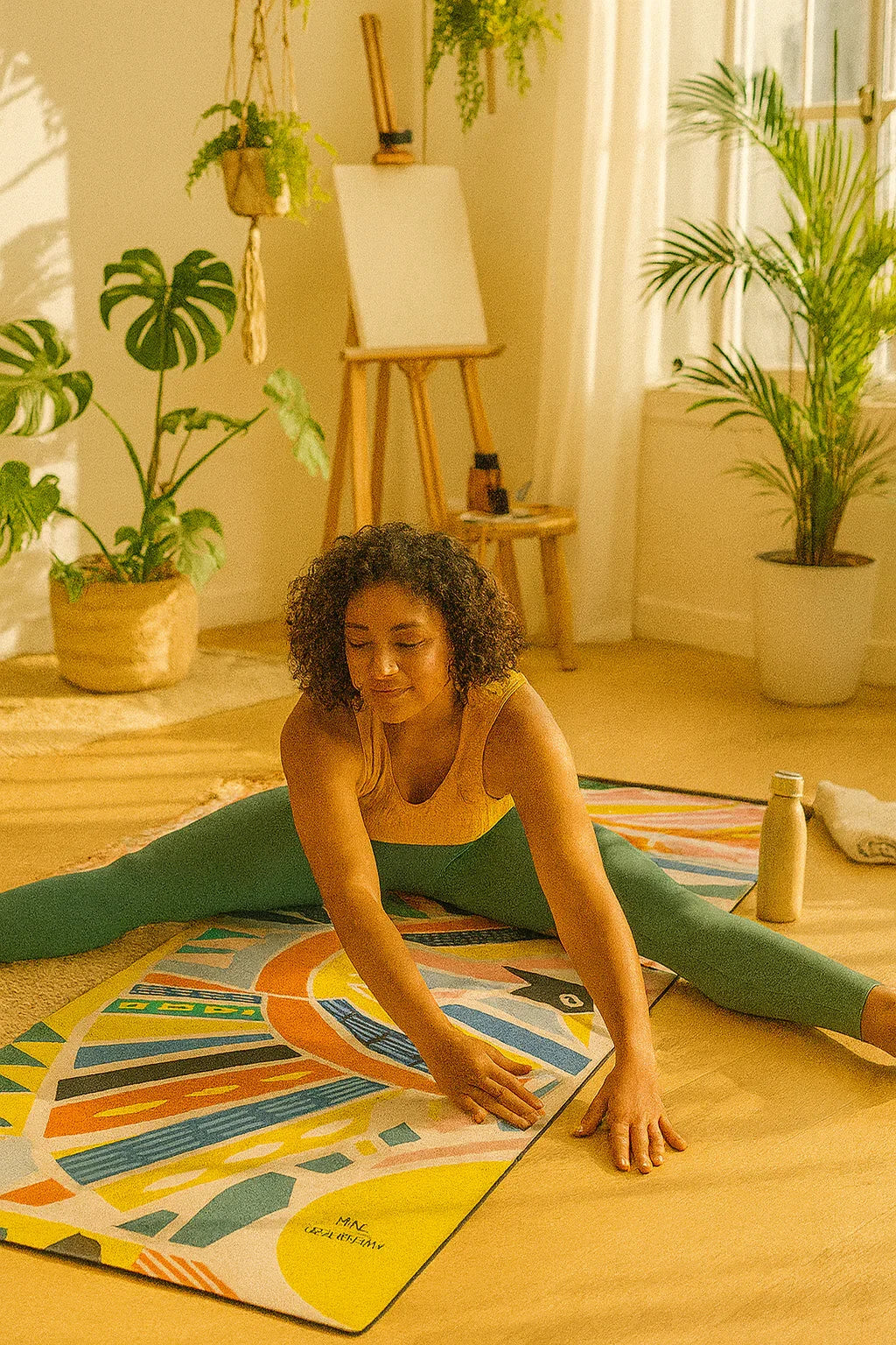 Woman stretching on a colorful yoga mat in a room with plants and art supplies.