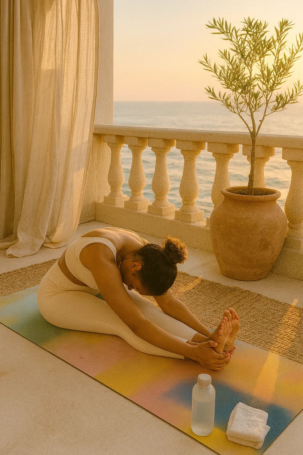 Person stretching on a colorful mat on a balcony with a scenic view.