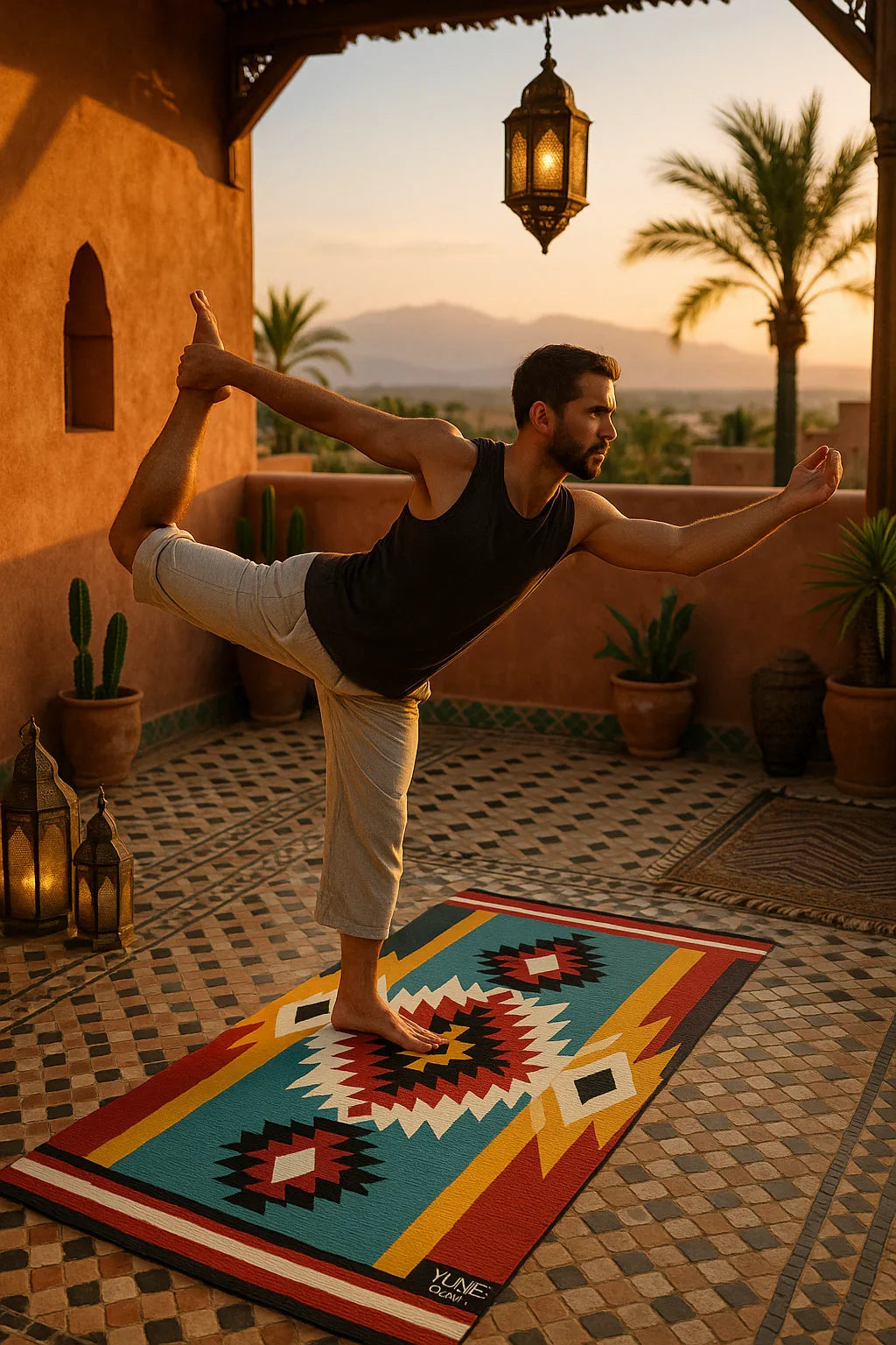 Man practicing yoga on a colorful mat with a scenic background