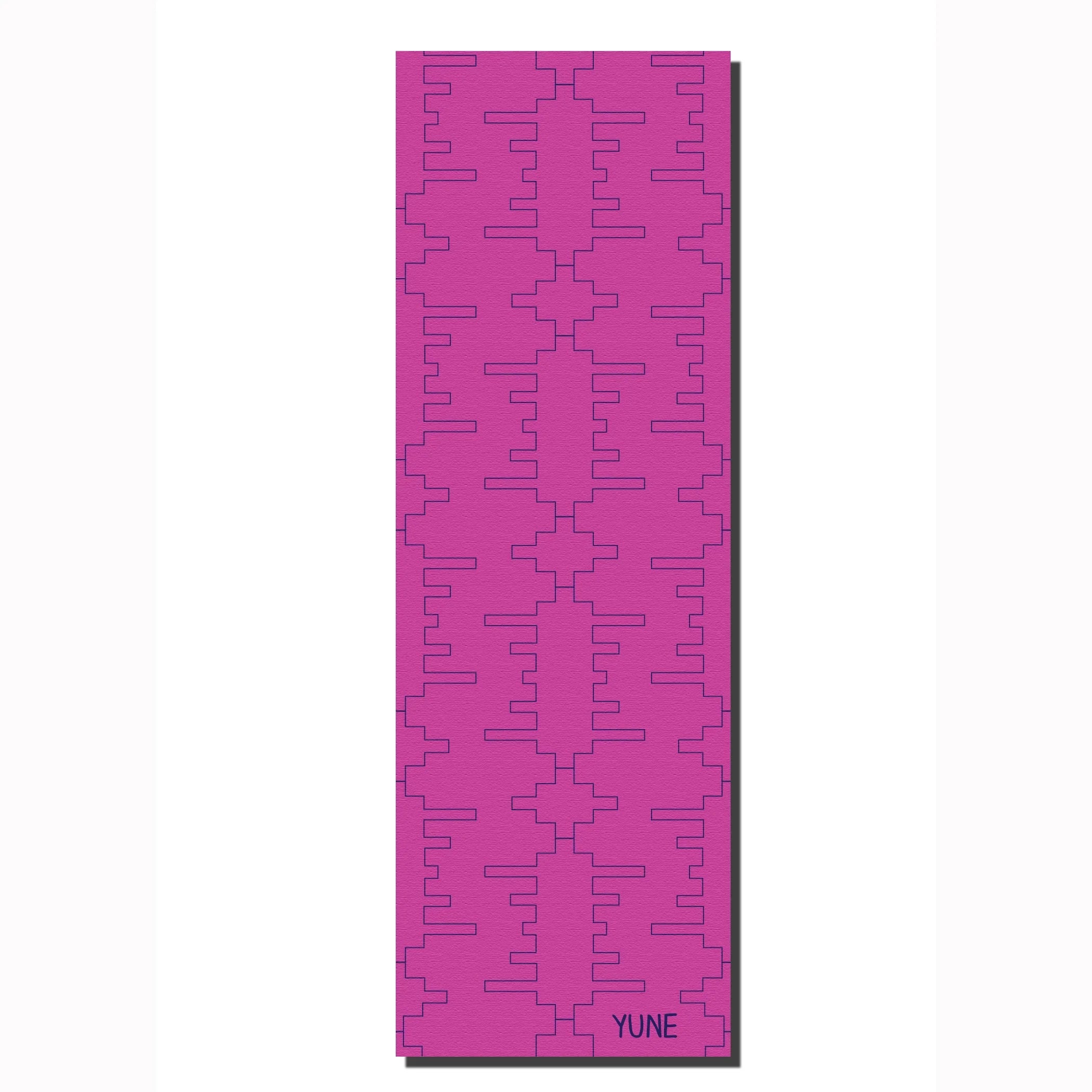 Purple patterned mat with 'YUNE' branding on a white background