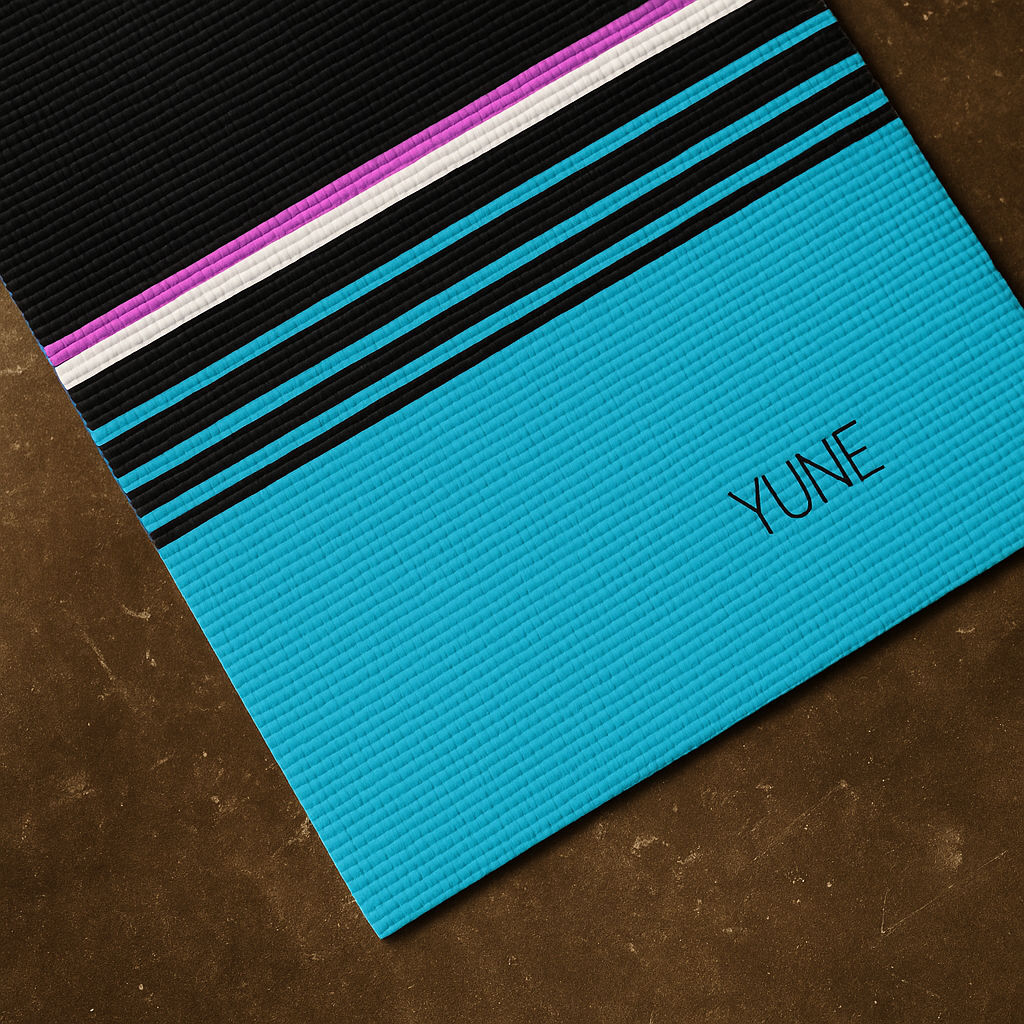 Blue card with colorful stripes on a brown surface