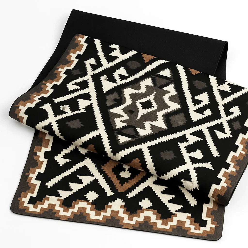 Two decorative rugs with geometric pattern on a white background