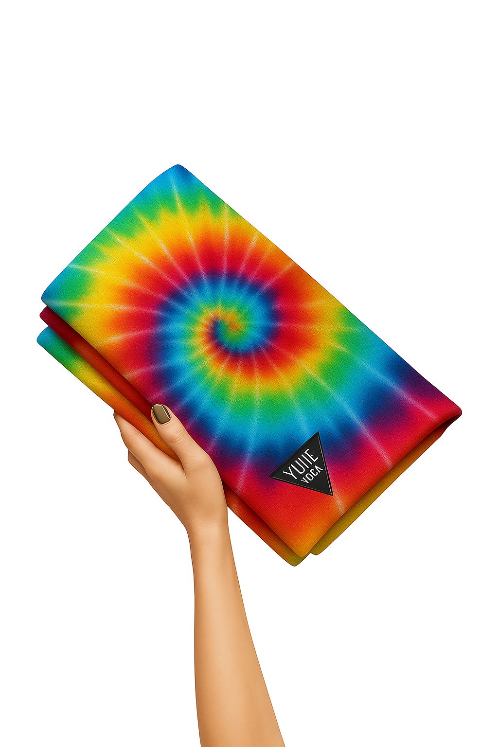 Hand holding a tie-dye notebook with a visible brand logo on a white background