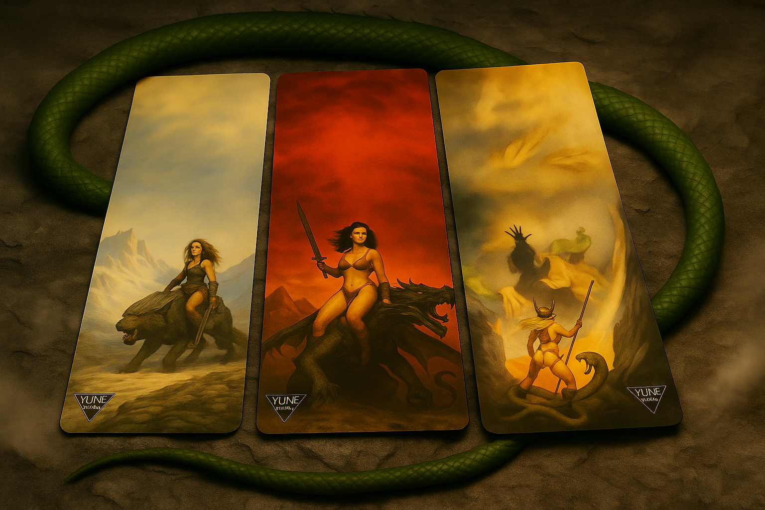 Three tarot cards featuring a warrior woman with a snake, on a textured surface.