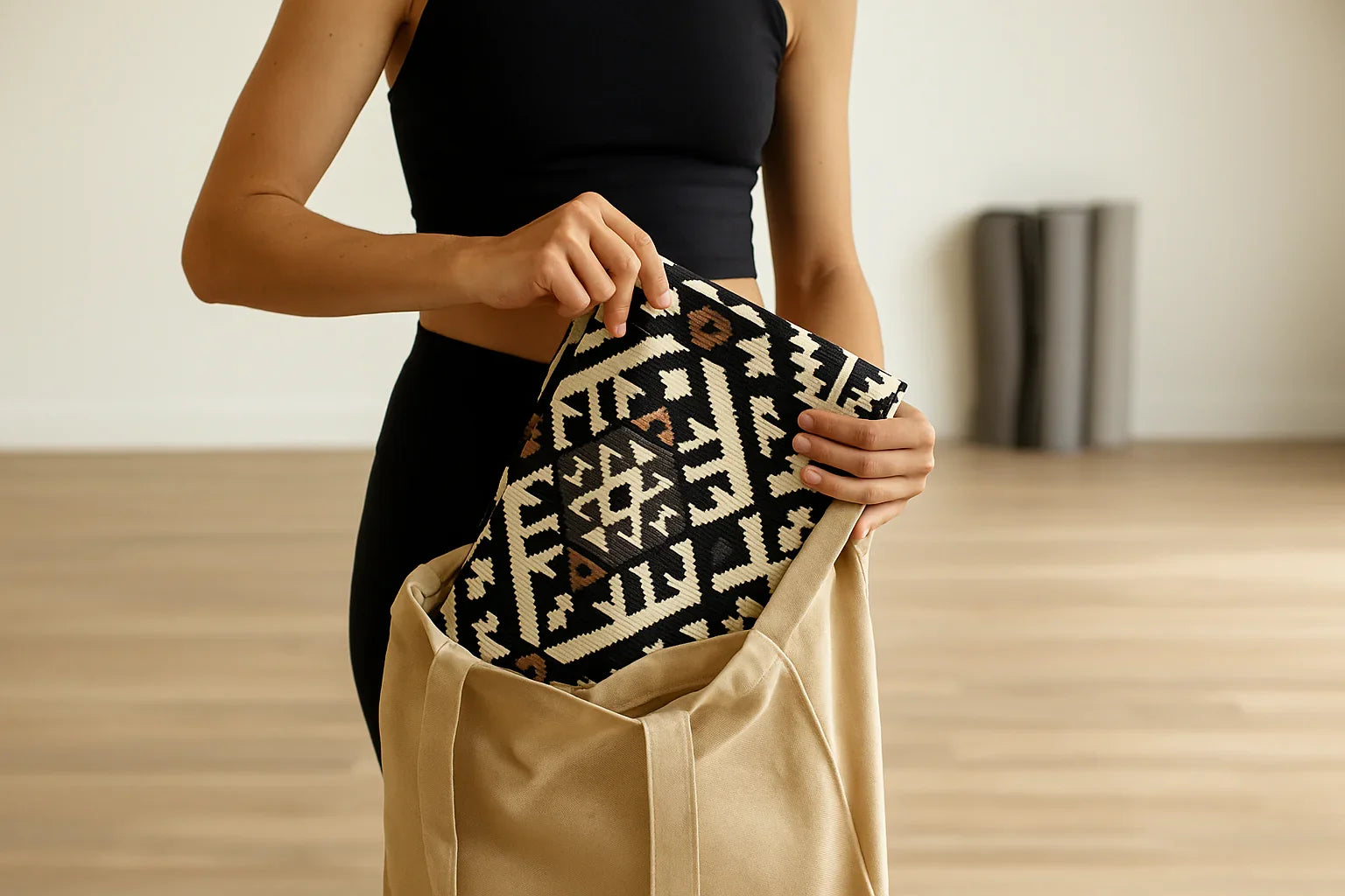Person holding a patterned pouch over a beige bag in a minimal indoor setting
