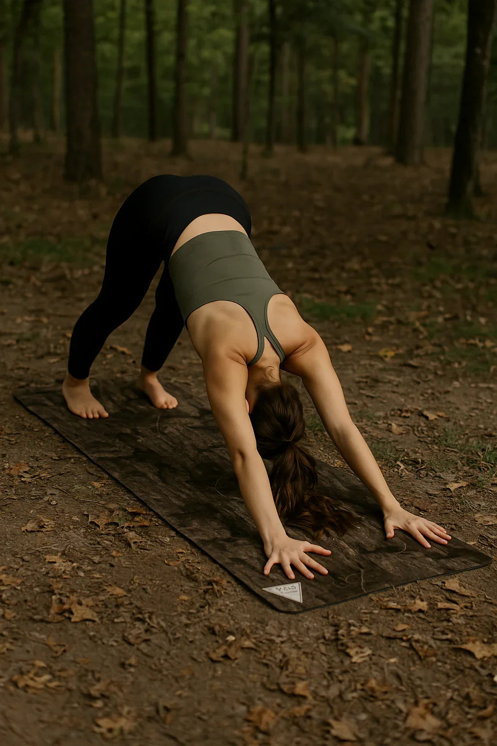 Person practicing yoga in a forest setting on a mat.