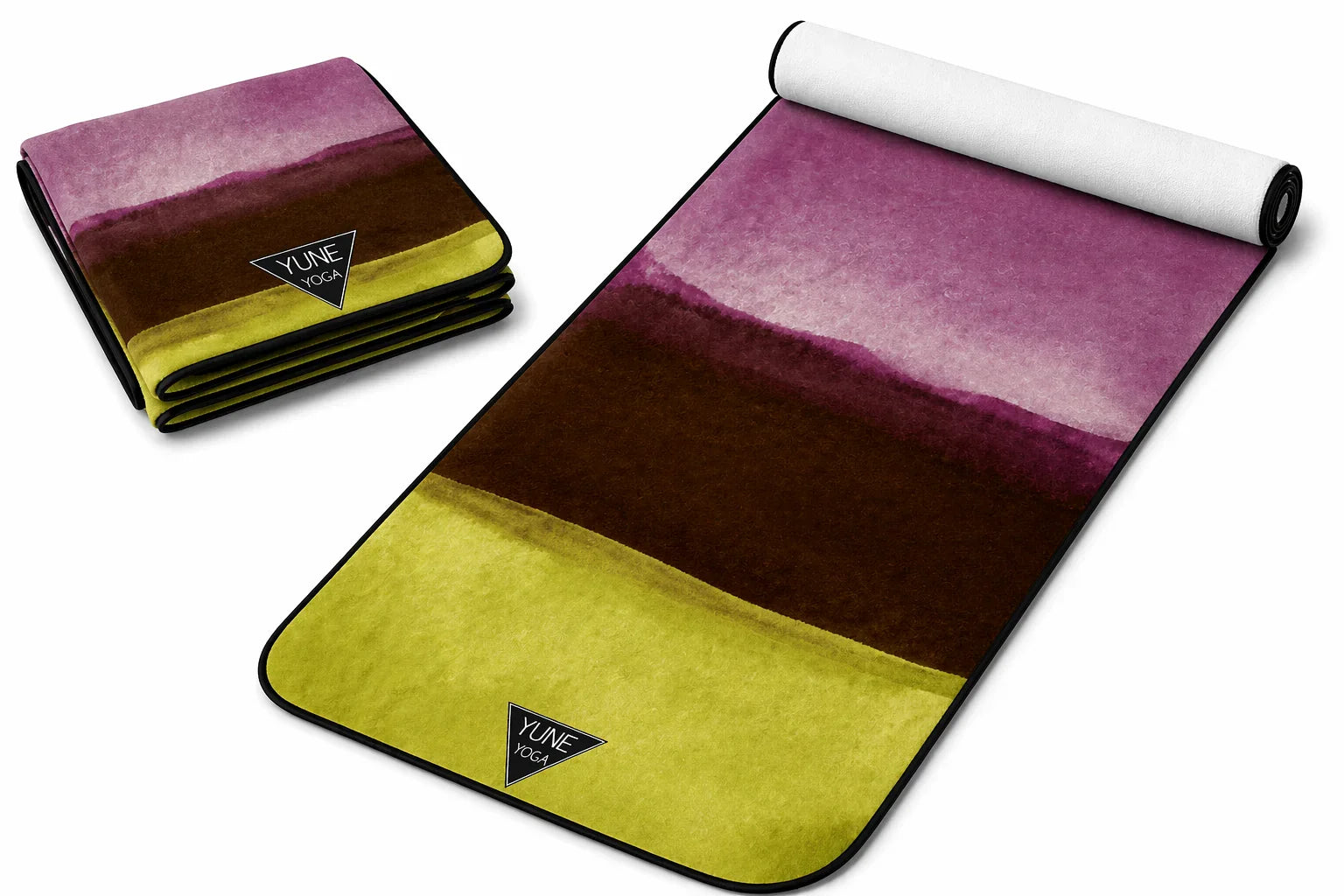 Yoga mat with rolled and folded views, featuring a watercolor gradient in purple, brown, and yellow.
