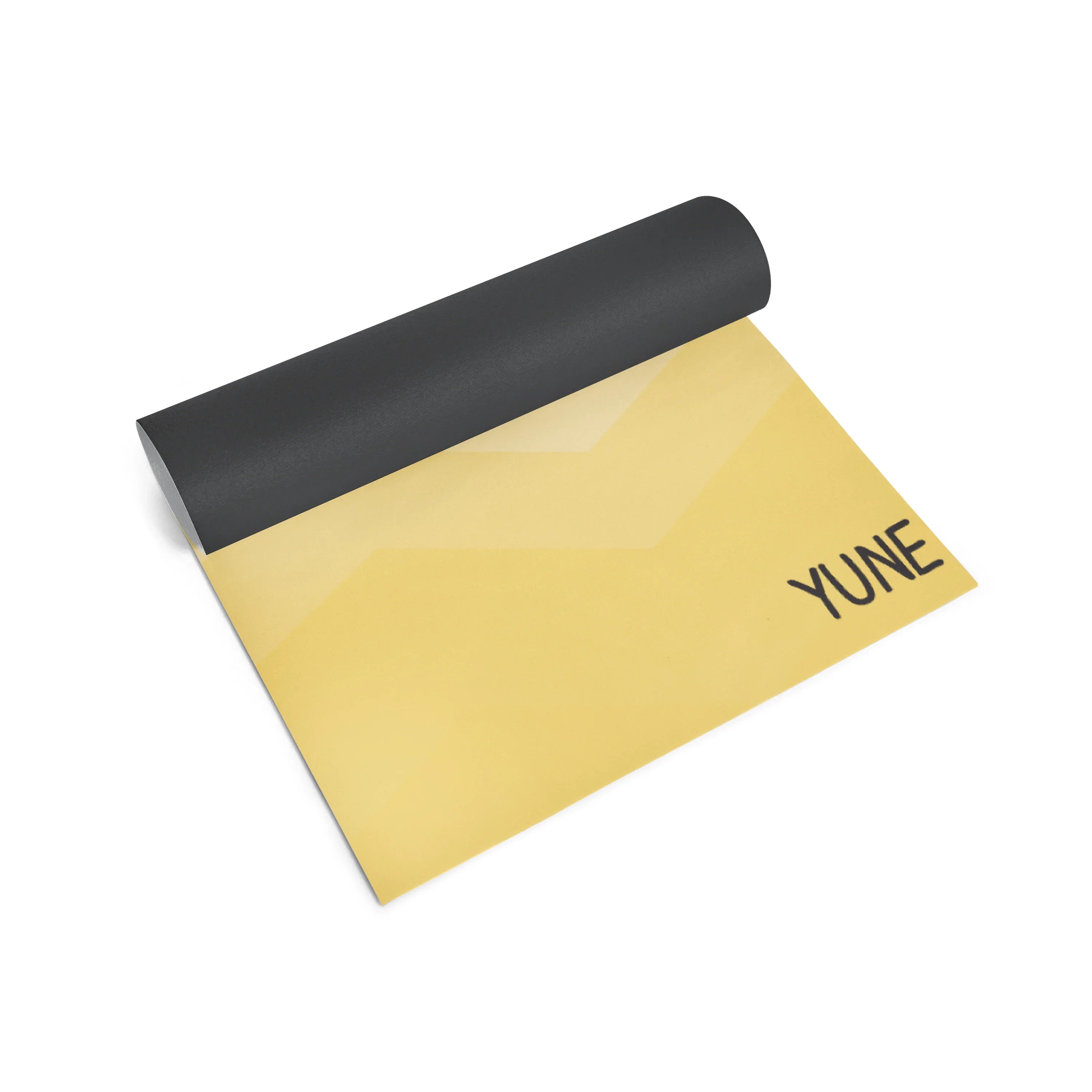 Roll of black and yellow mat with 'YUNE' branding on a white background