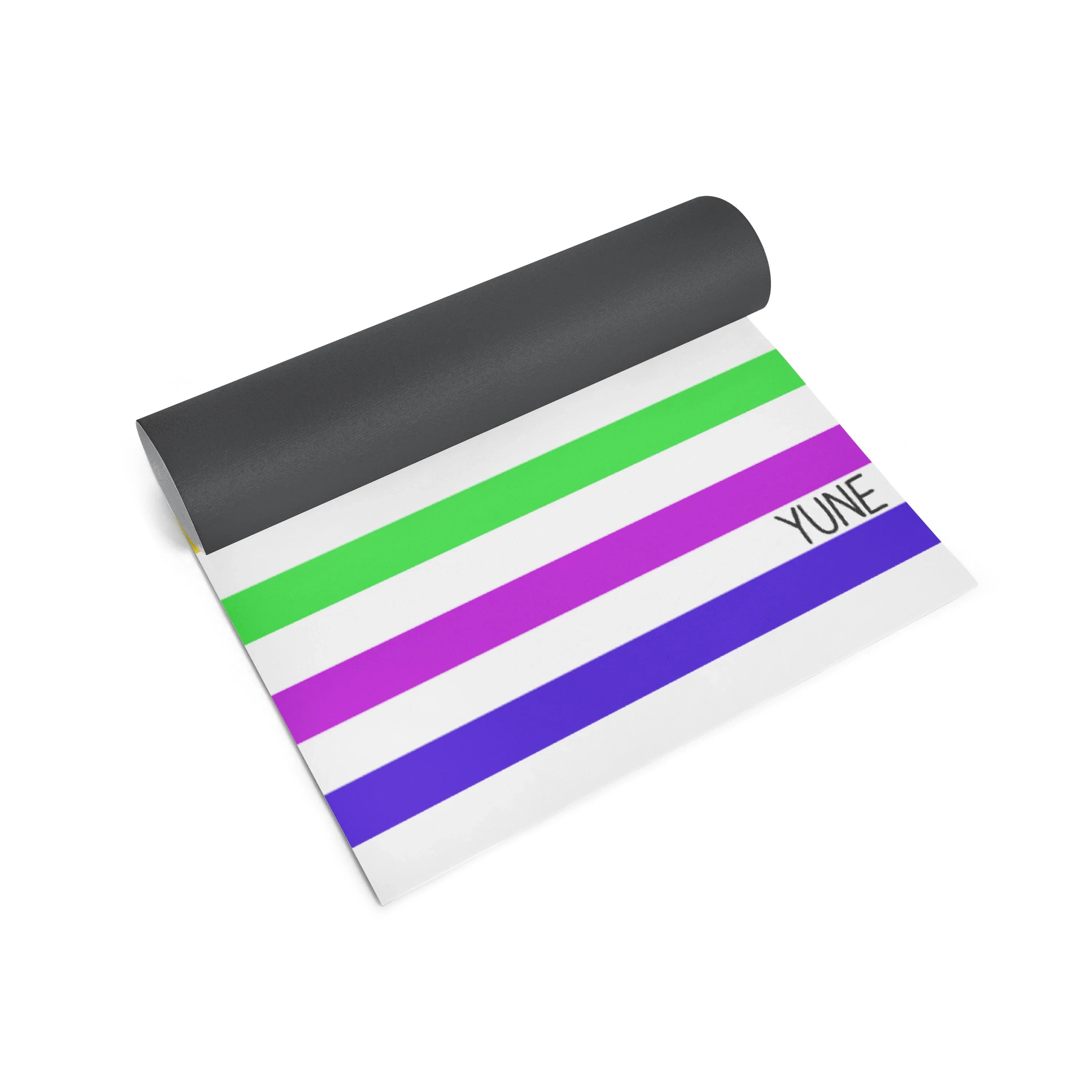 Yoga mat with gender equality stripe design on a white background