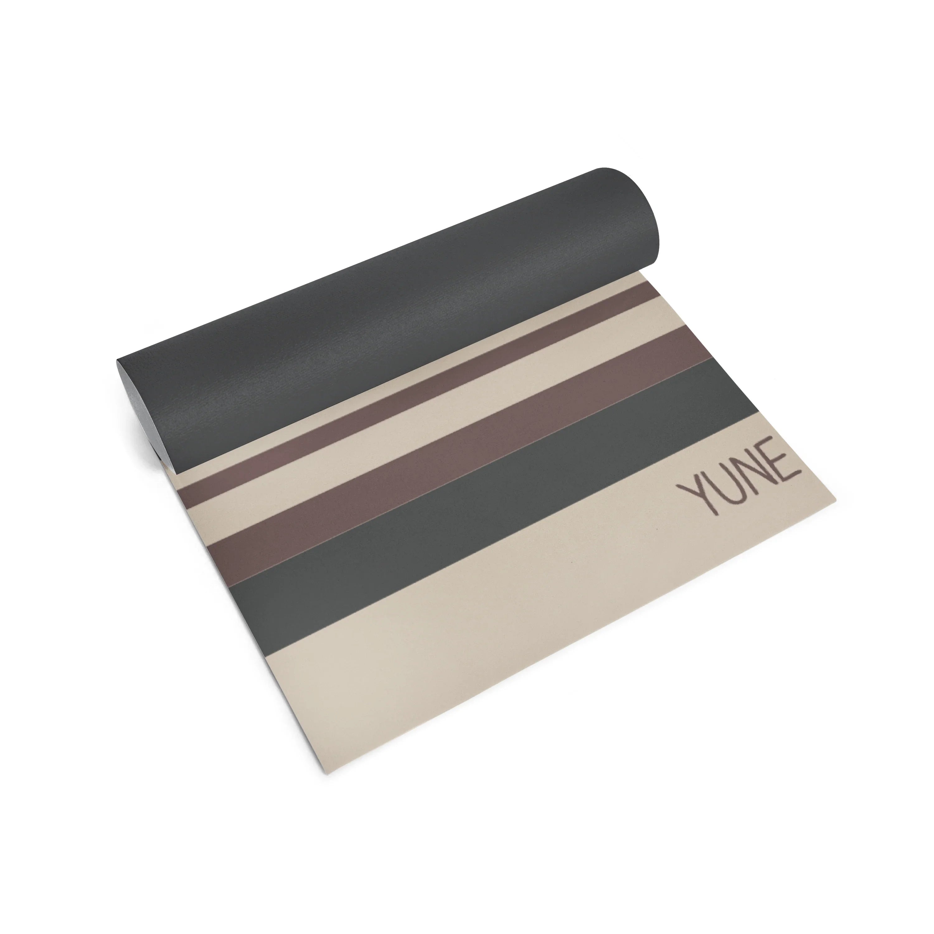 Yoga mat with striped design and 'YUNE' branding on a white background
