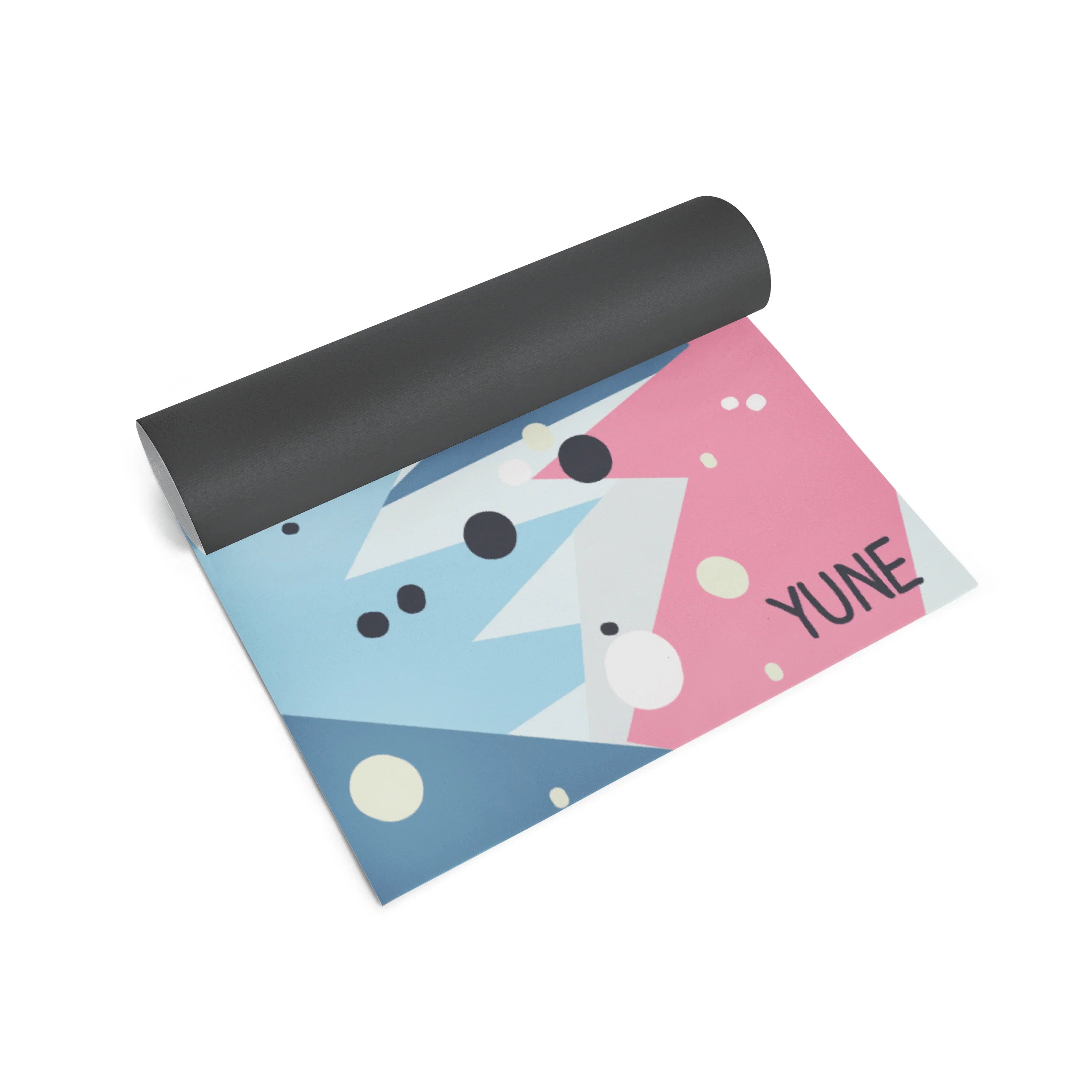 Yoga mat with geometric pattern and 'Yune' branding on a white background