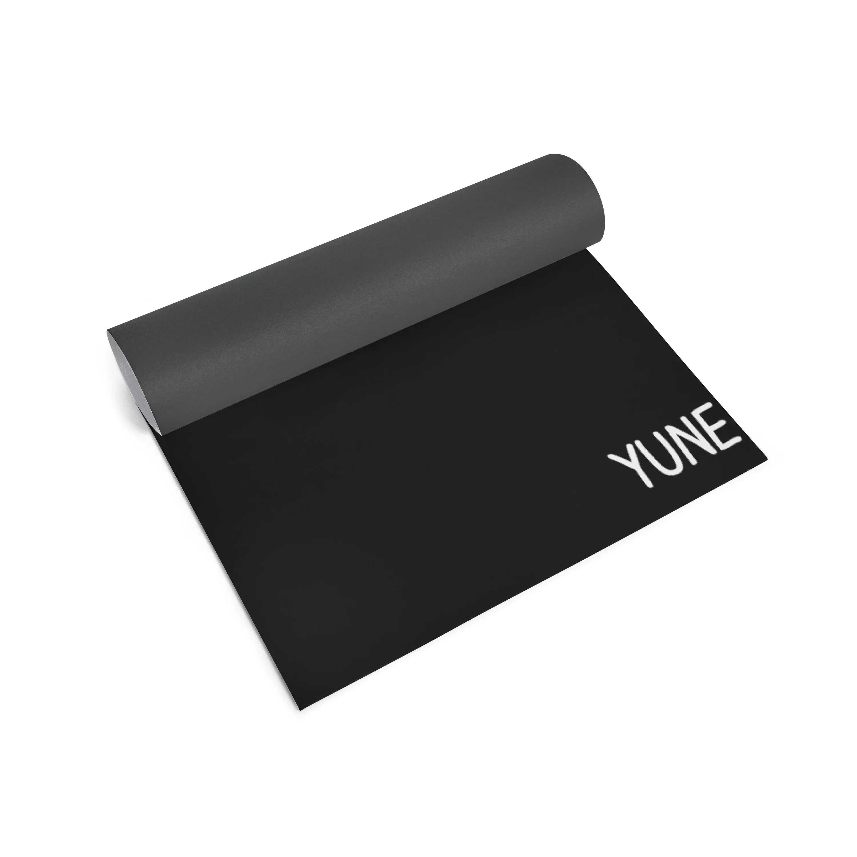 Black yoga mat with 'YUNE' branding on a white background
