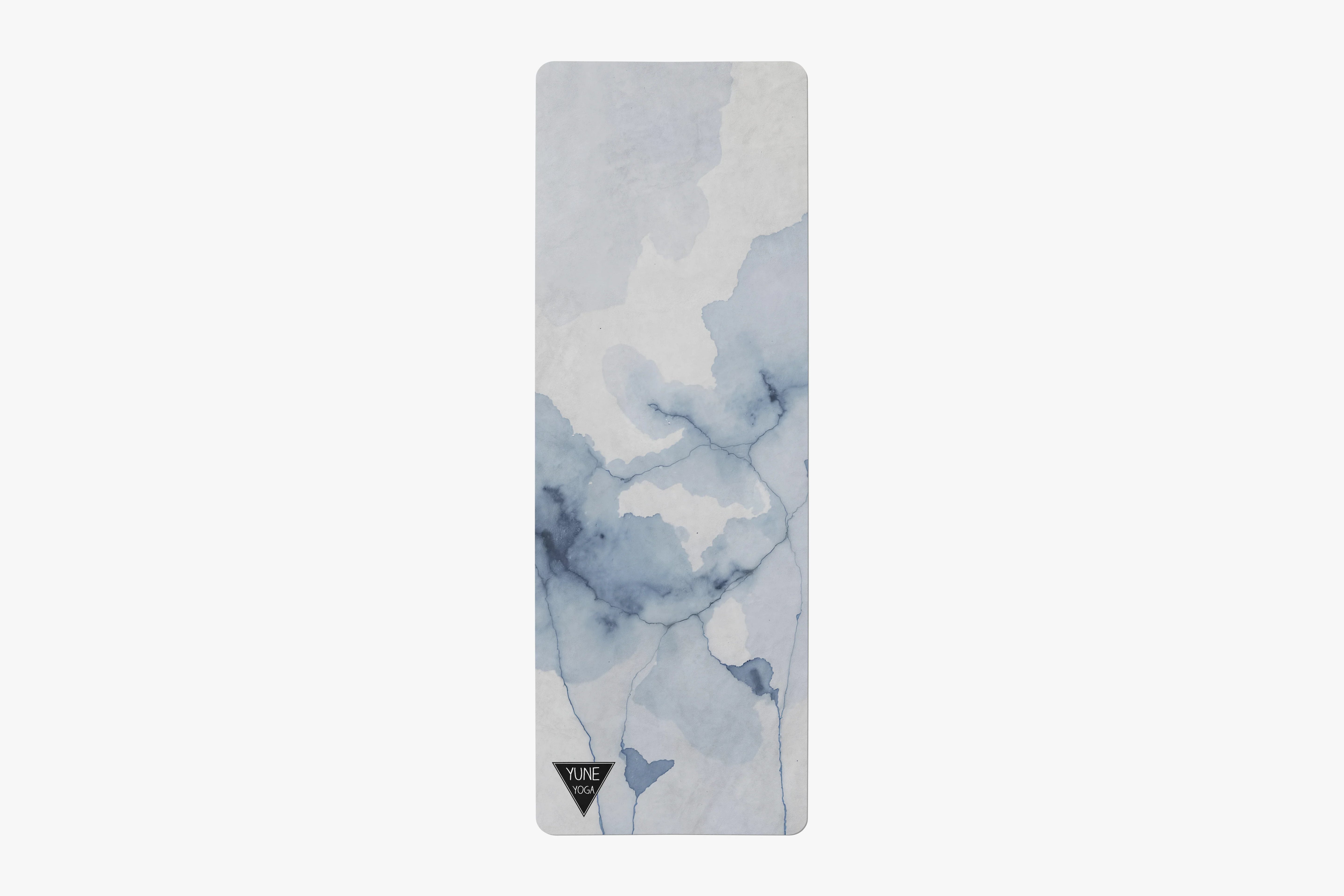 Yoga mat with blue and white abstract pattern on a white background
