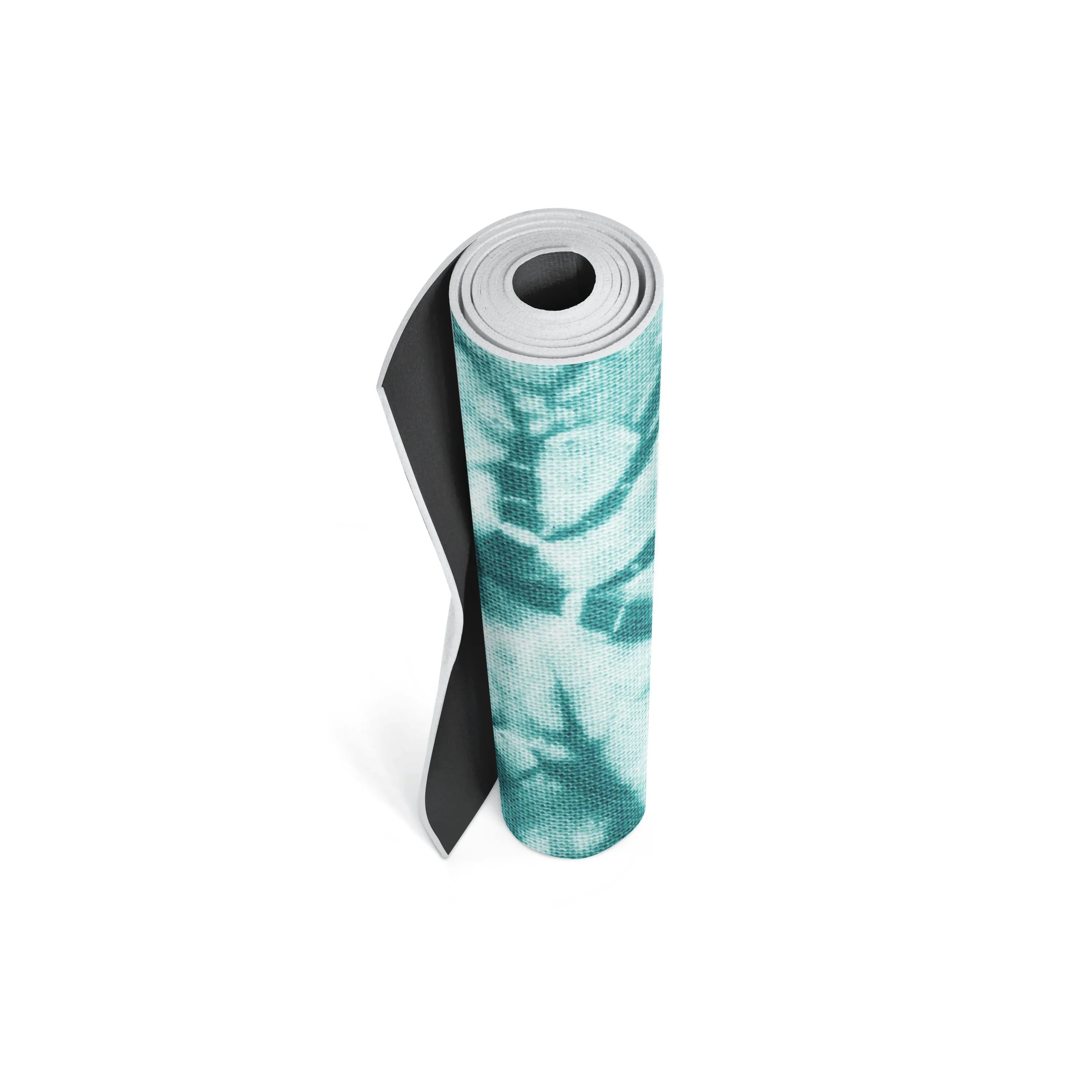 Yoga mat with a black strap on a white background
