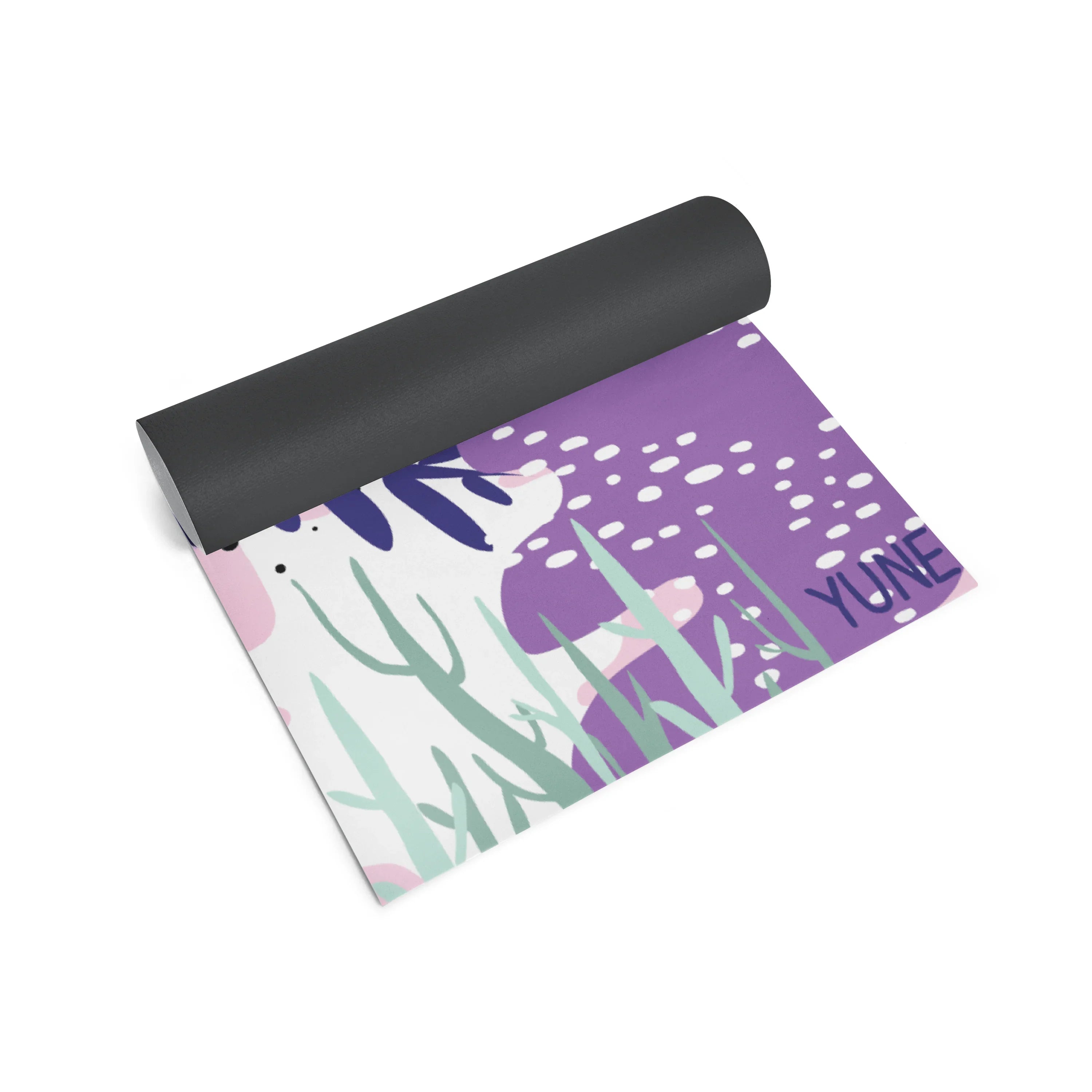 Yoga mat with purple and green design on a white background