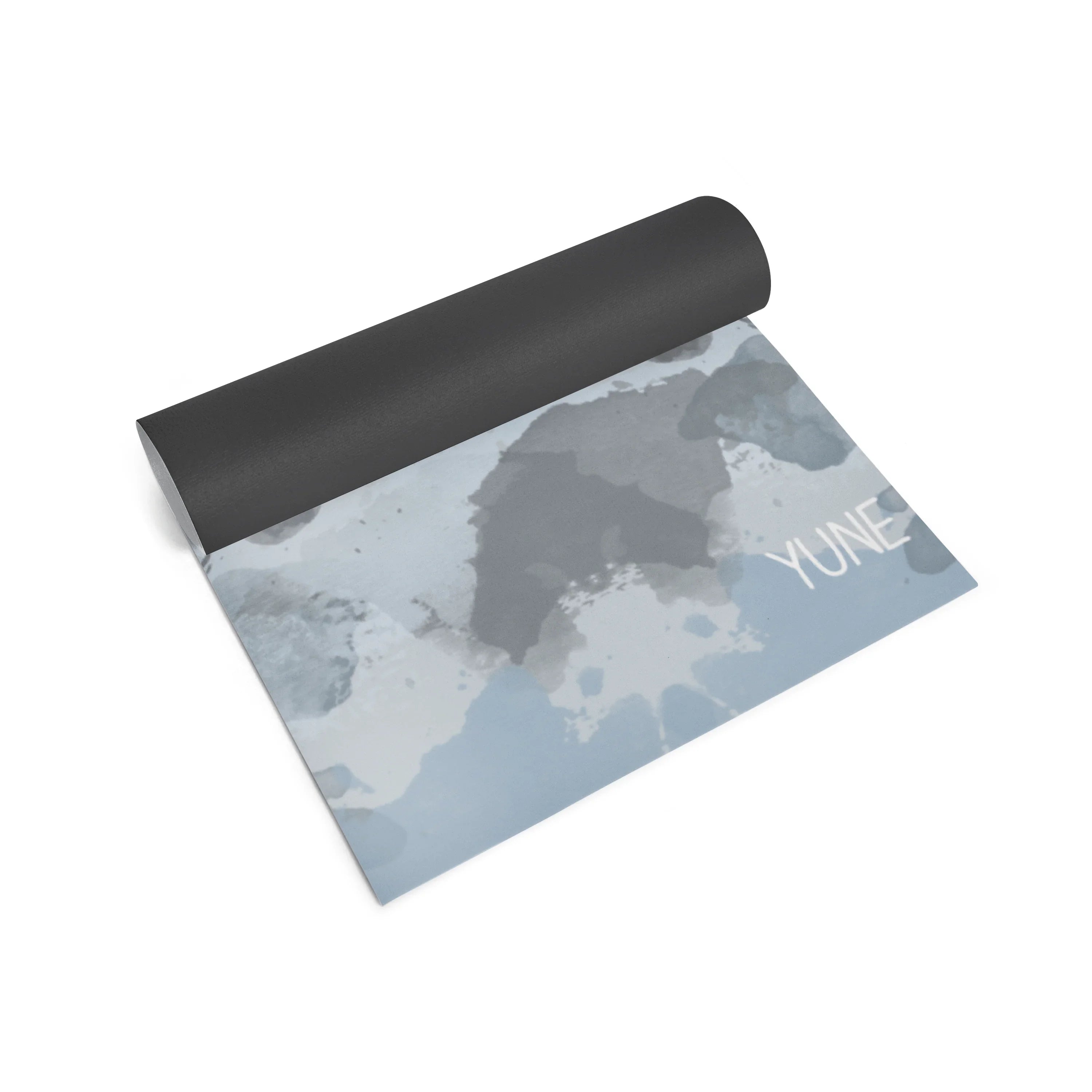 Yoga mat with a gray and blue design and 'Yune' branding on a white background