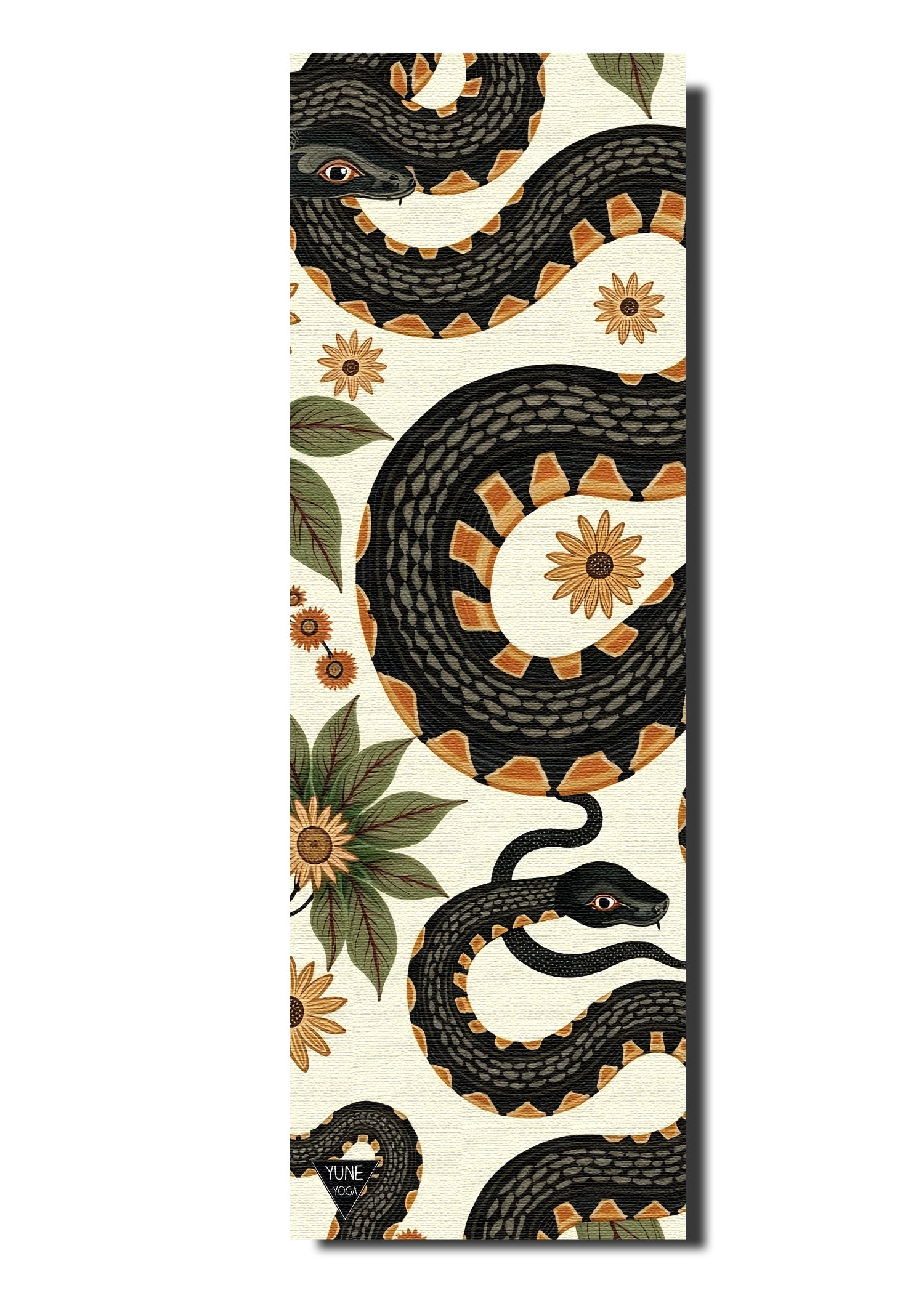 Decorative mat with black snake and floral pattern on a beige background